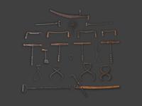 A Group of Early Cast Iron and Wood Farm and Carpentry Tools