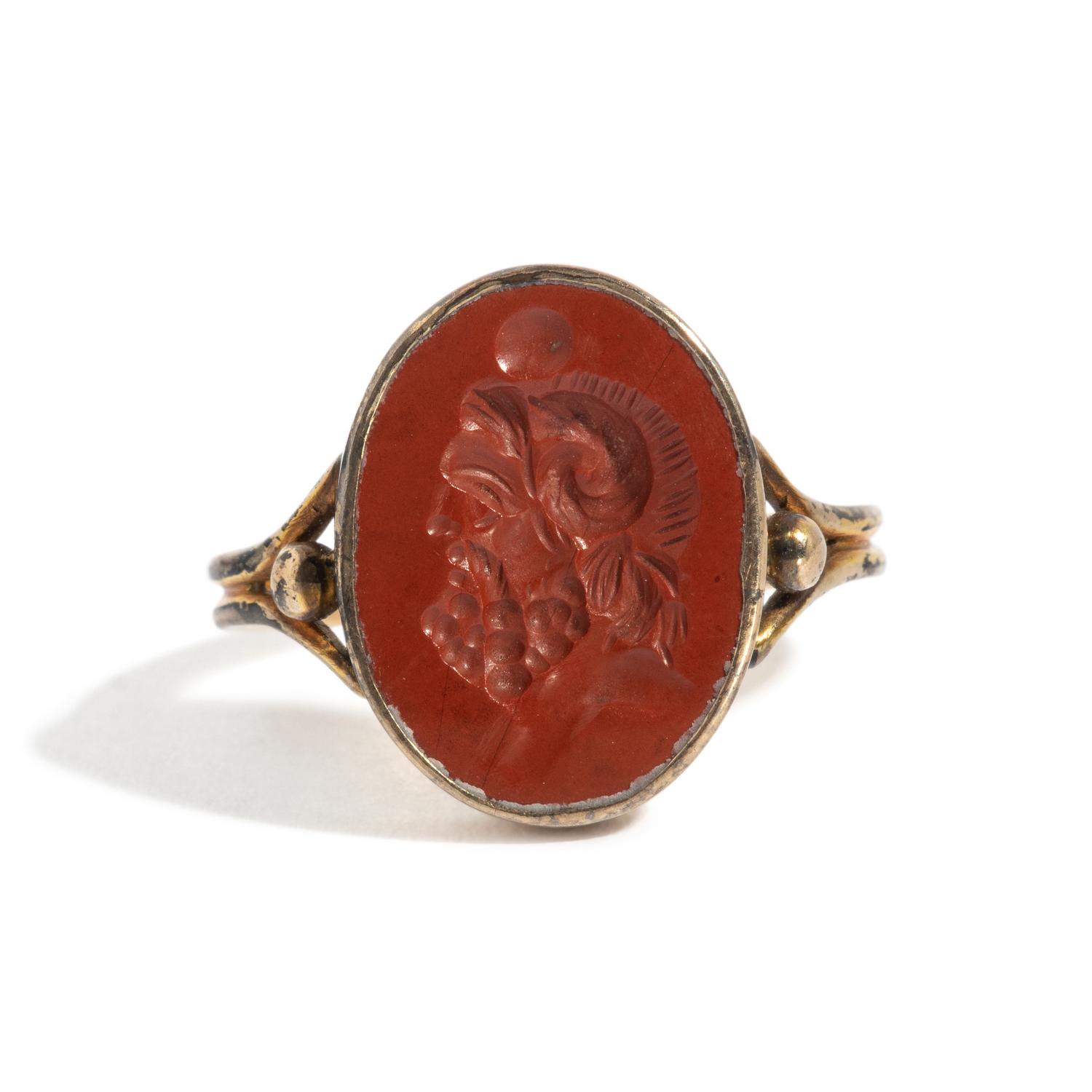 A Roman Red Jasper Ring Stone with the God Zeus Ammon — Set in a brass ring