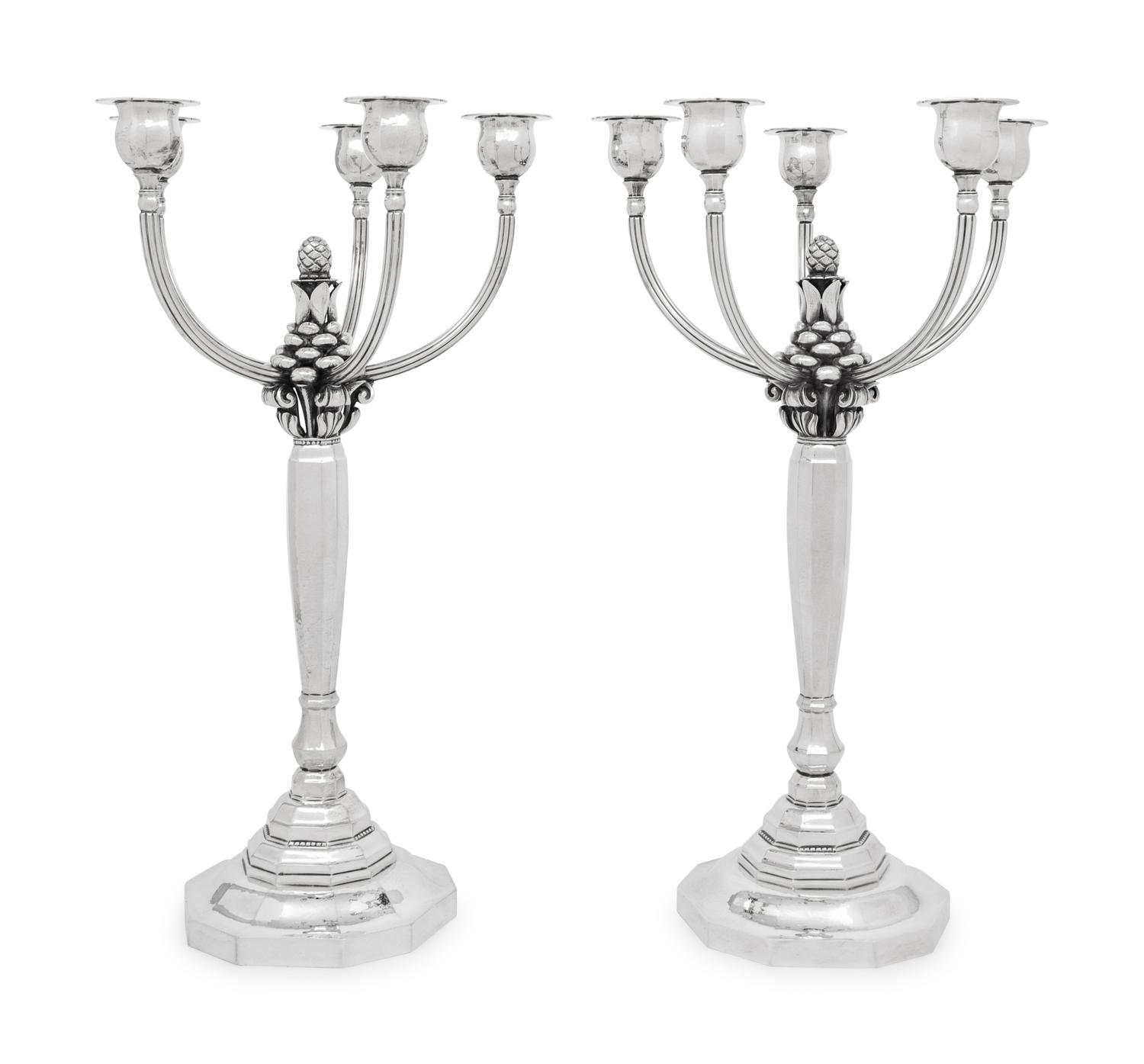 A Pair of Johan Rohde for Georg Jensen Silver Five-Light Candelabra