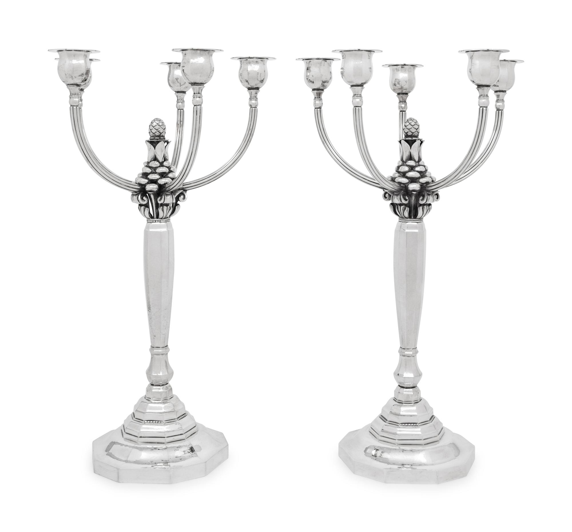 A Pair of Johan Rohde for Georg Jensen Silver Five-Light Candelabra