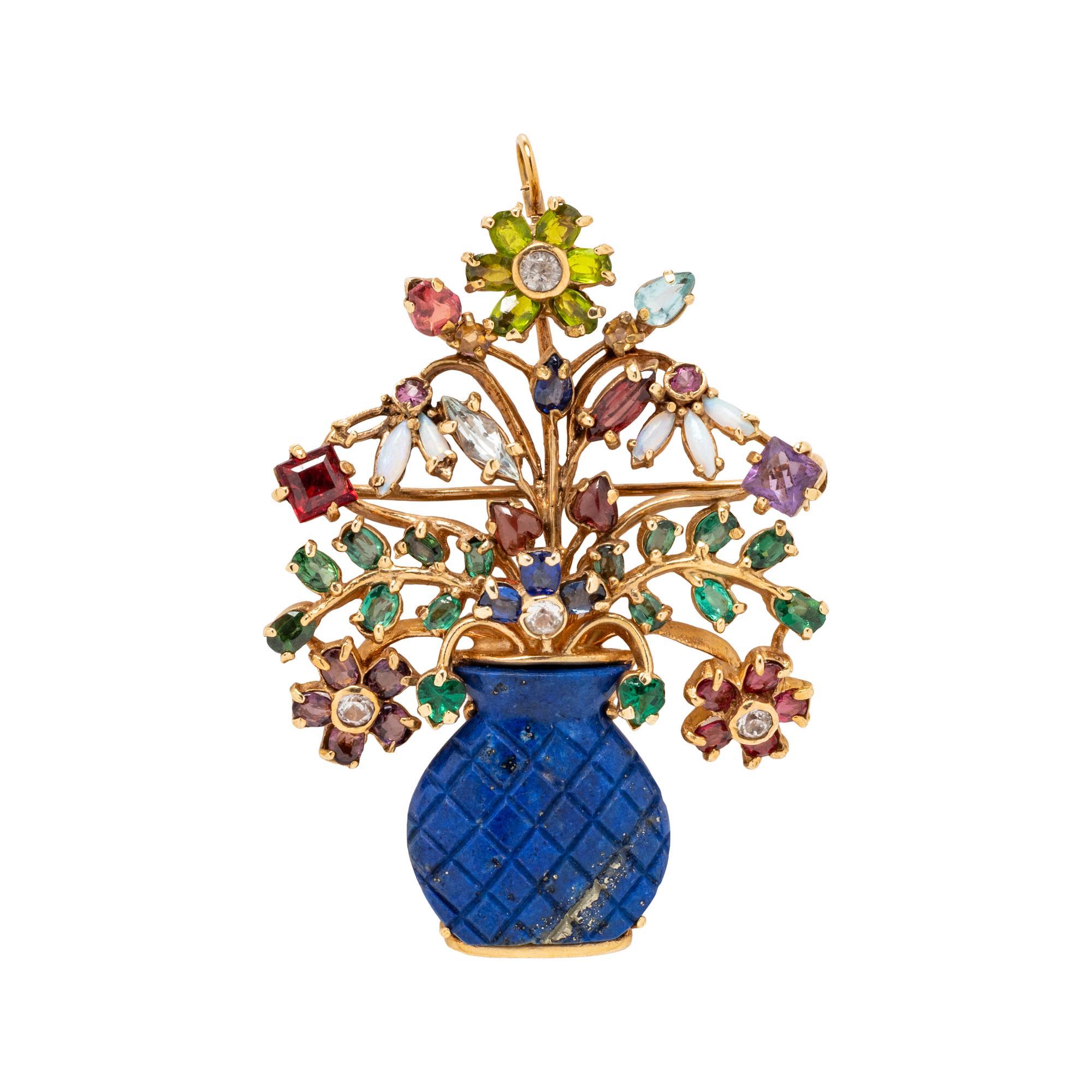 YELLOW GOLD AND MULTIGEM 'JARDINIERE' PENDANT/BROOCH
