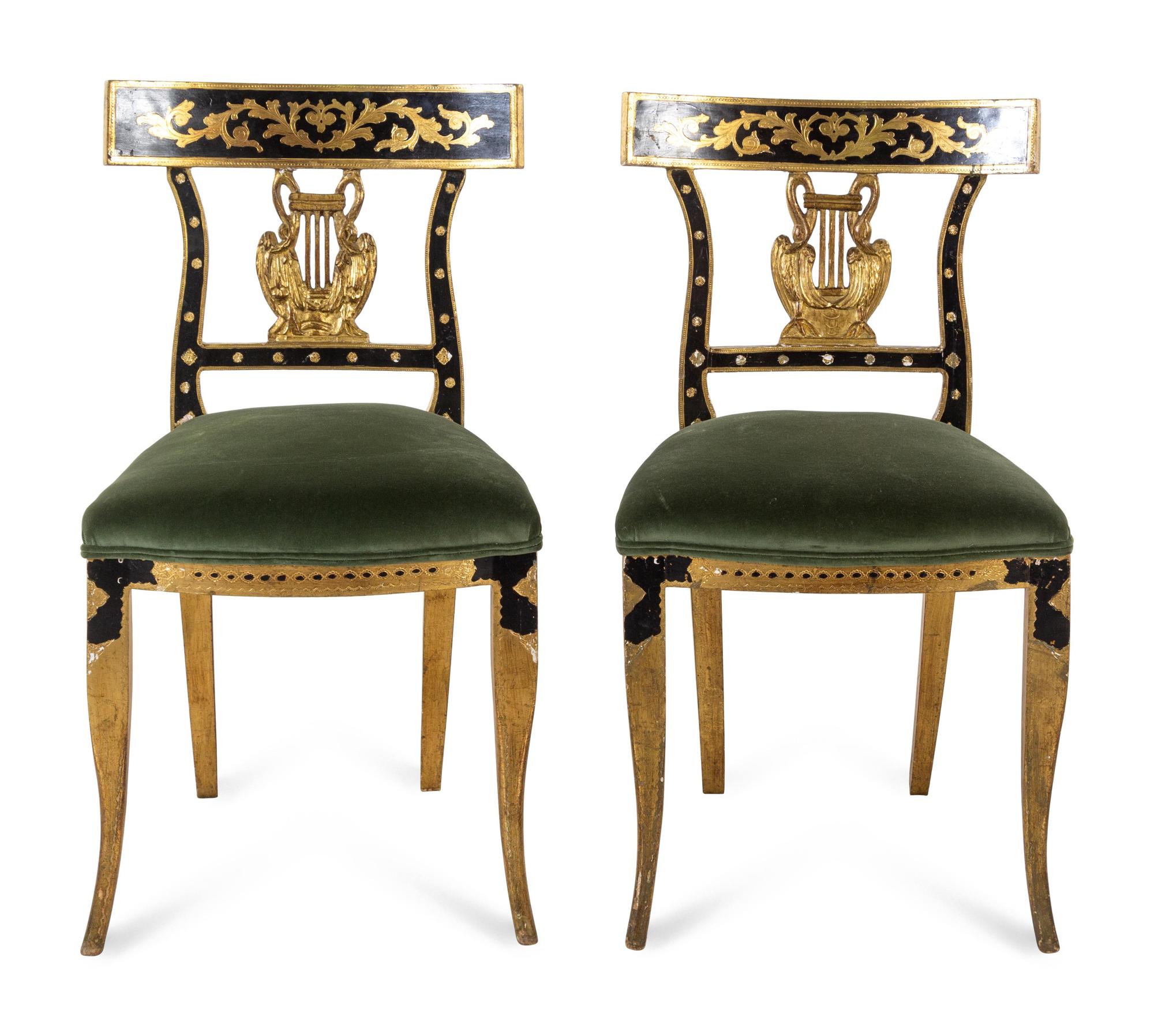 A Pair of Italian Parcel Ebonized and Giltwood Side Chairs
