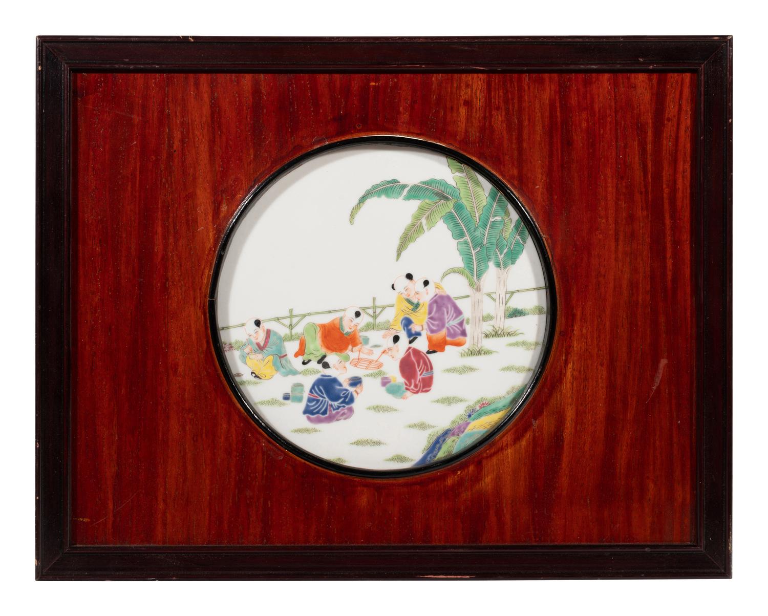 A Set of Four Chinese Famille Rose Porcelain Inset Hardwood Hanging Screens
