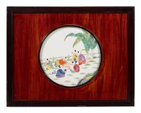 A Set of Four Chinese Famille Rose Porcelain Inset Hardwood Hanging Screens