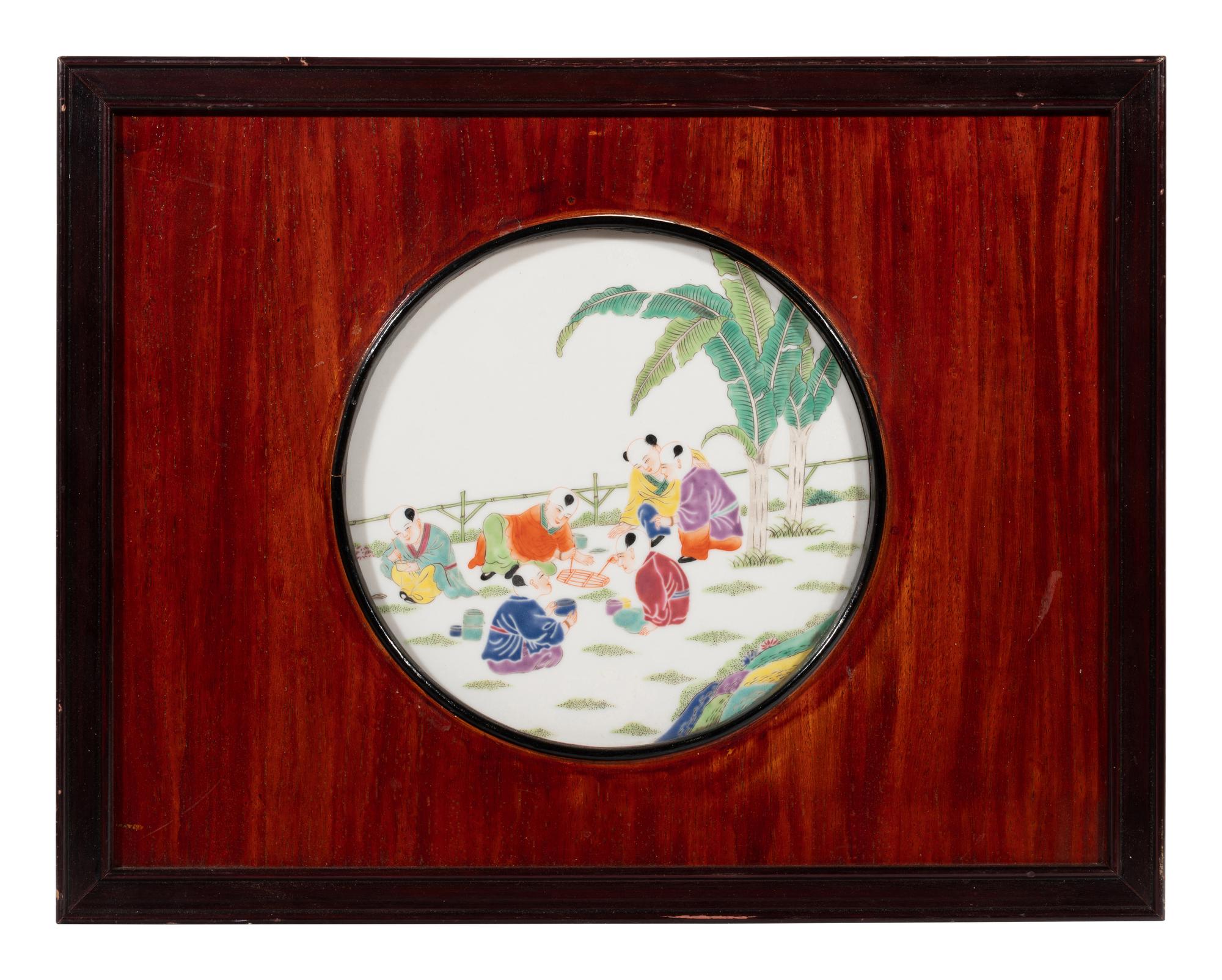 A Set of Four Chinese Famille Rose Porcelain Inset Hardwood Hanging Screens