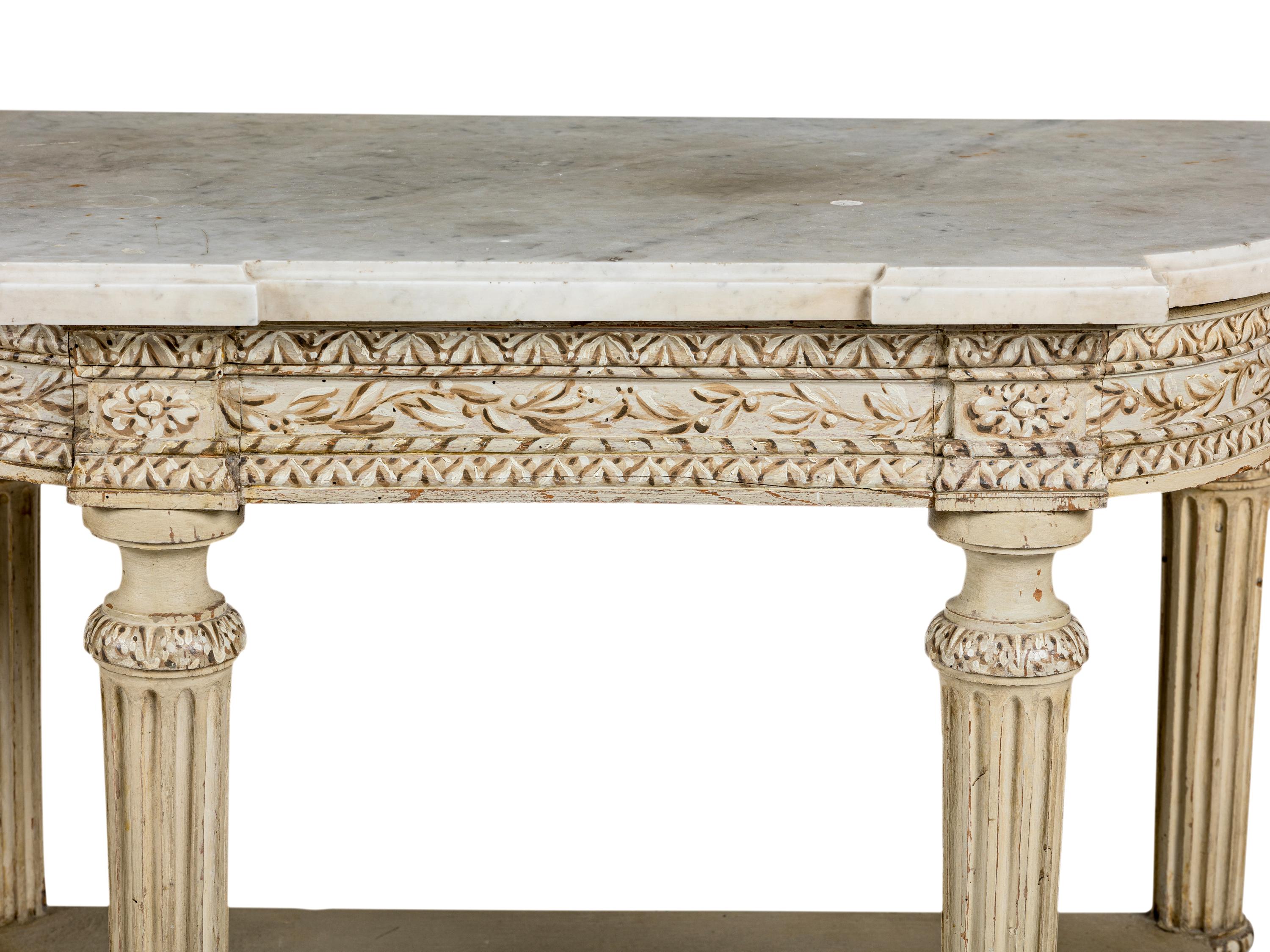 A Pair of Louis XVI Style Grisaille-Painted Console Tables