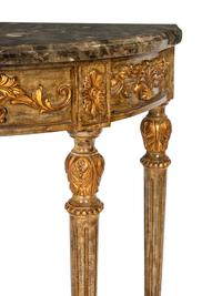 An Italian Painted and Parcel Gilt Demilune Console Table with Marble Top