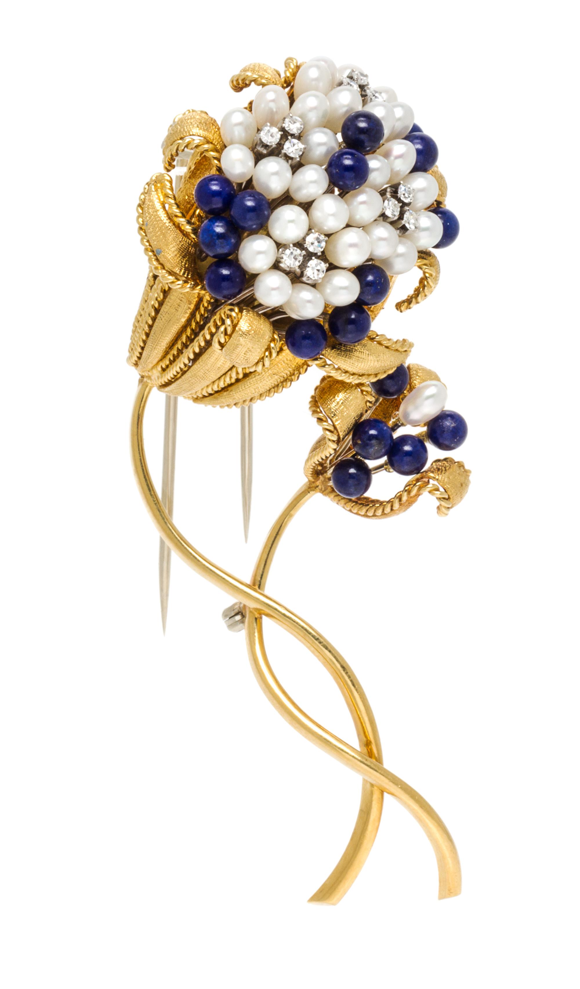 An 18 Karat Yellow Gold, Baroque Cultured Pearl, Lapis Lazuli and Diamond Flower Brooch, Circa 1960, 29.20 dwts.