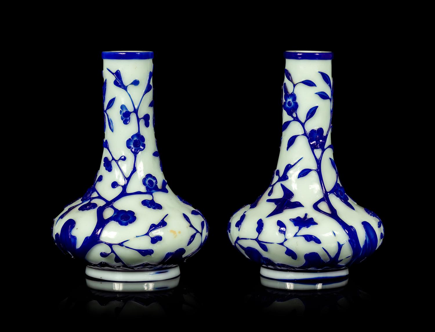 A Pair of Chinese Blue Overlay Opaque White Glass Bottle Vases