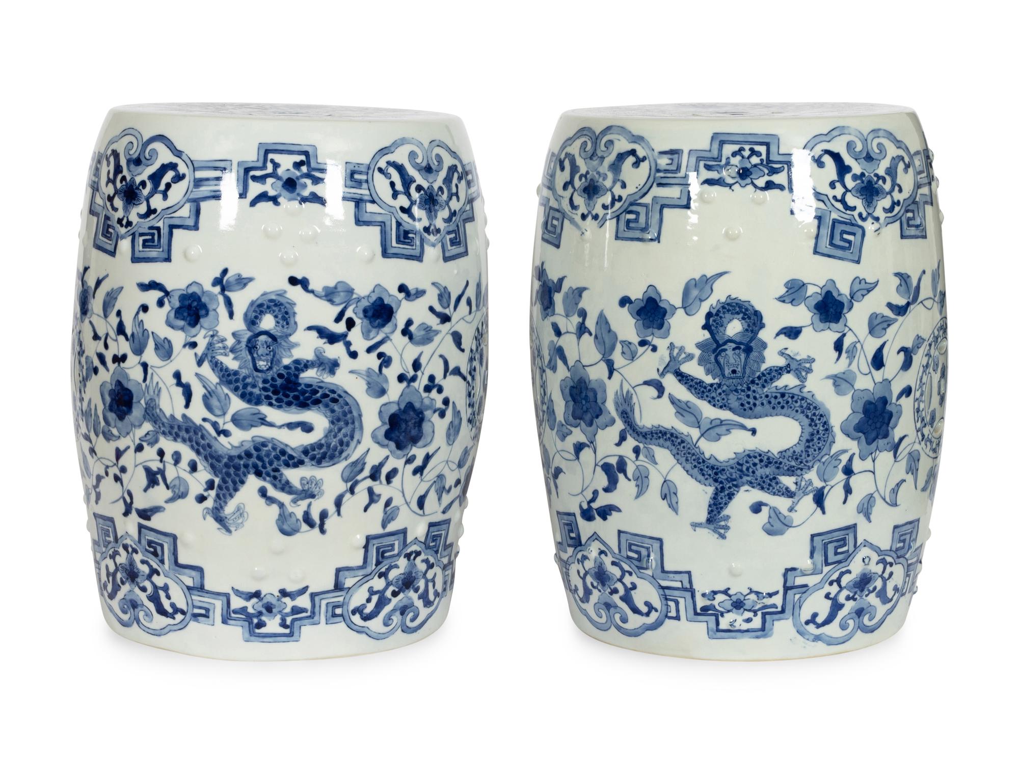 A Pair of Chinese Export Blue and White Porcelain Garden Seats