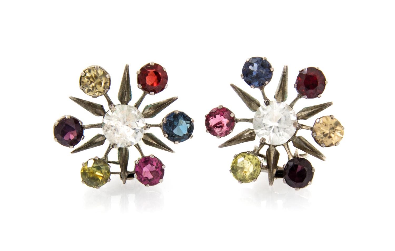 A Pair of Silver and Multi Gem Starburst Earclips, 4.80 dwts.