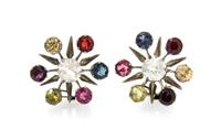 A Pair of Silver and Multi Gem Starburst Earclips, 4.80 dwts.