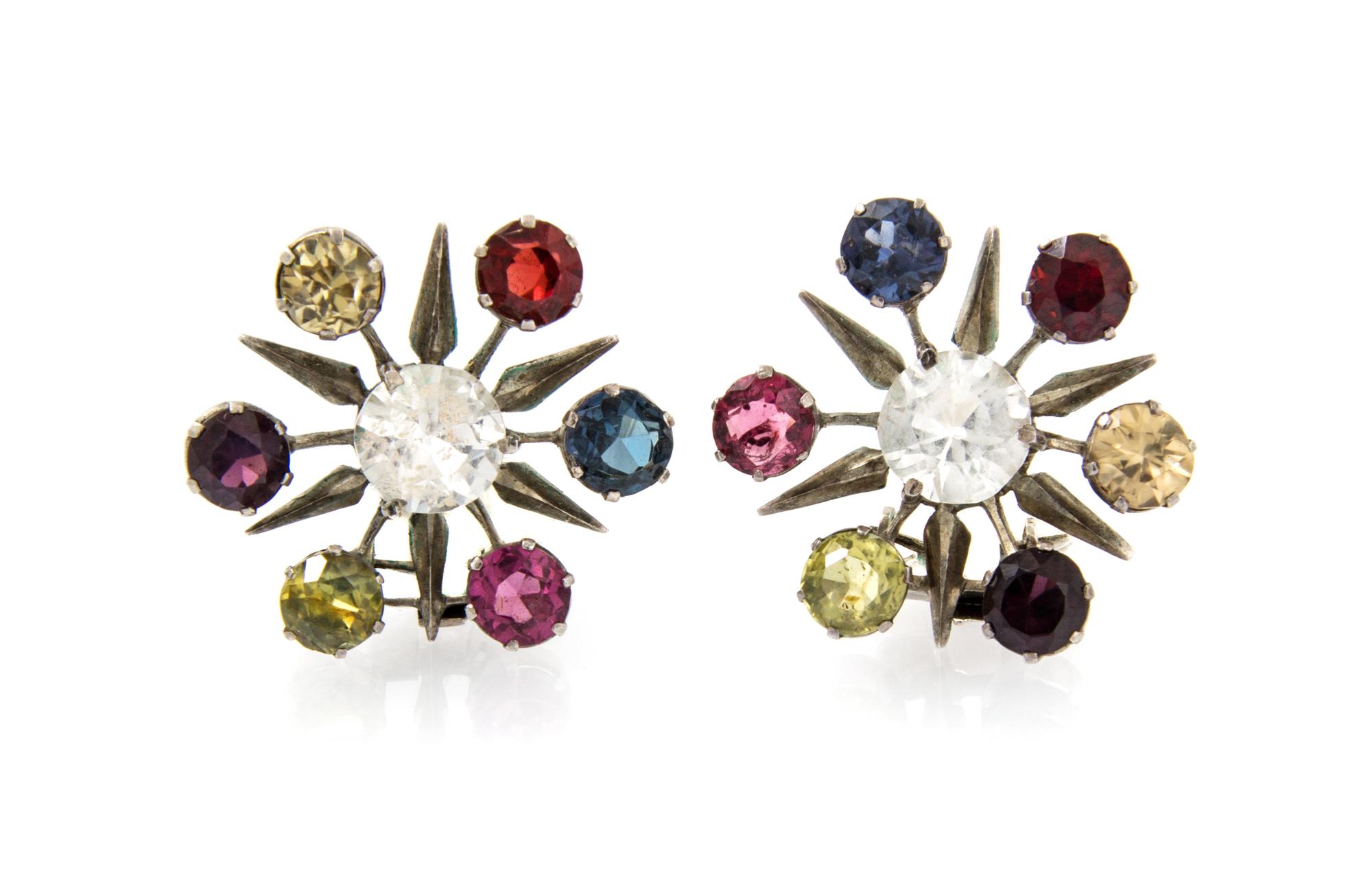 A Pair of Silver and Multi Gem Starburst Earclips, 4.80 dwts.