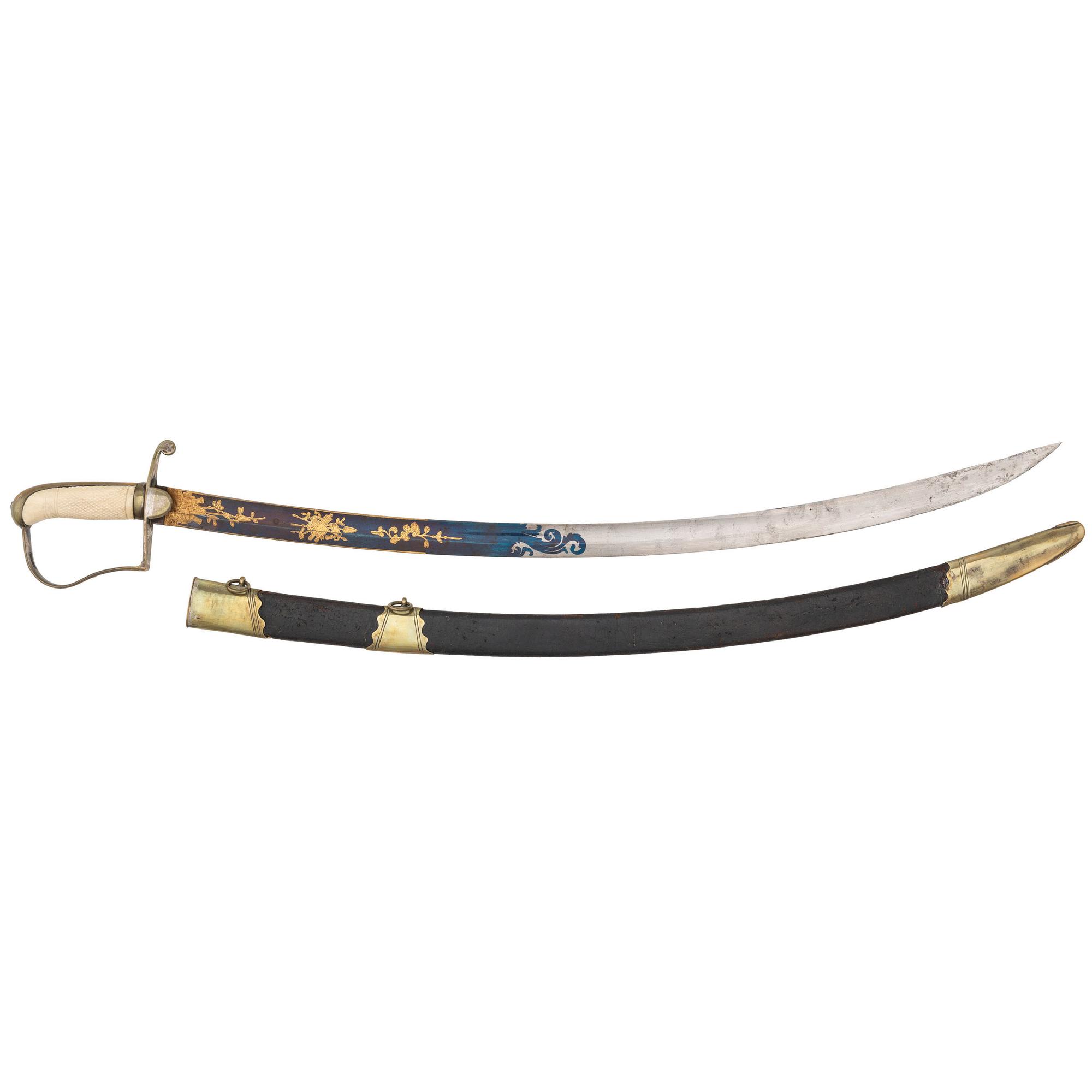 English Import 1796 Cavalry Officers Style Saber with Blue & Gilt Blade & Checkered Grip For the American Market