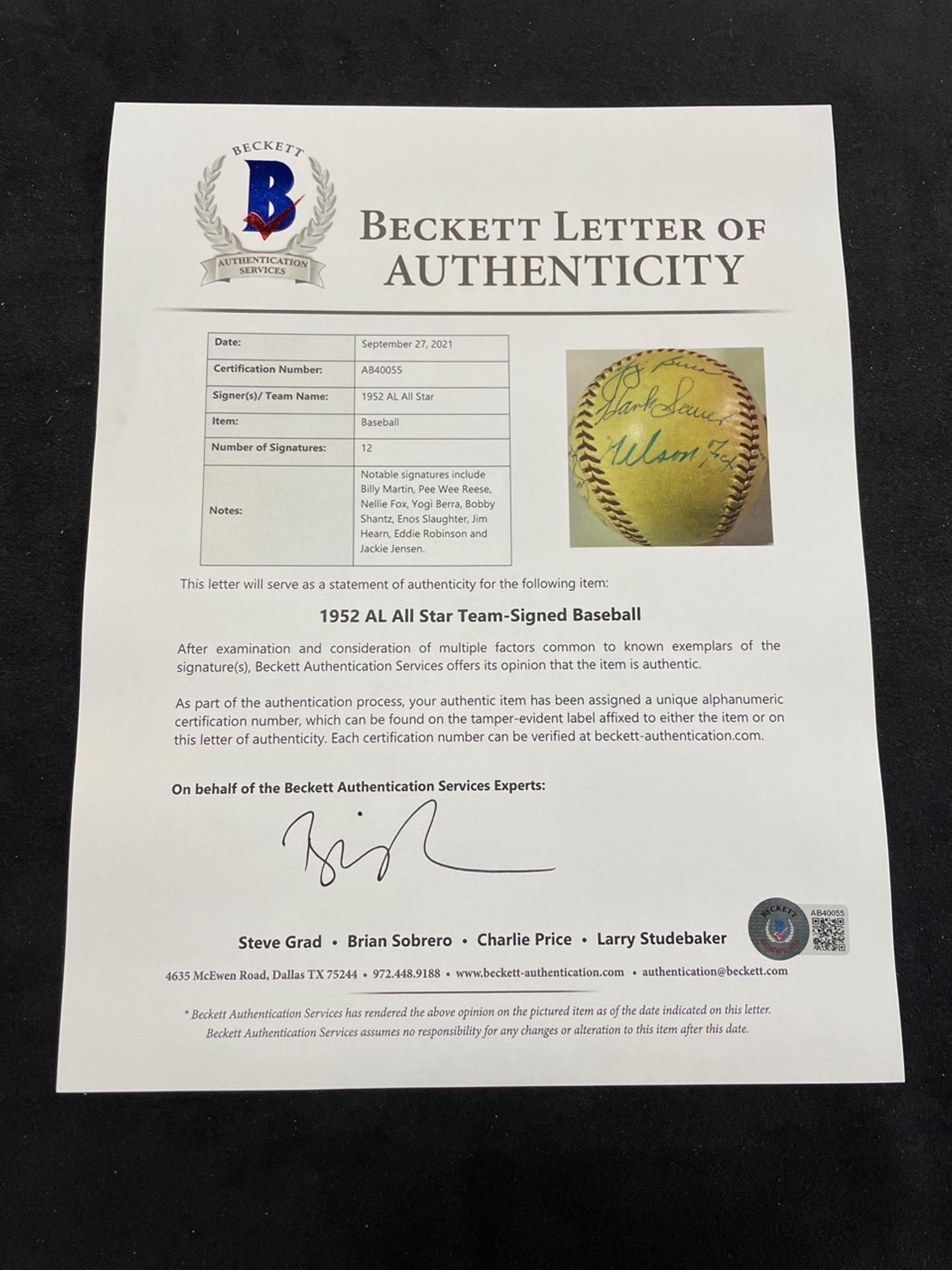 A 1952 American League All-Stars Signed Autograph Baseball (BAS Beckett Authentication Services Certified)