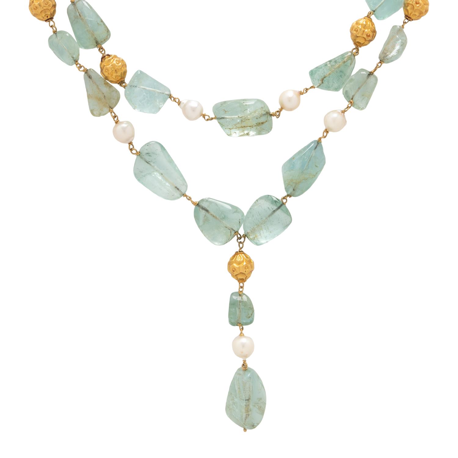 YELLOW GOLD, AQUAMARINE AND CULTURED BAROQUE PEARL NECKLACE