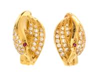 An 18 Karat Yellow Gold, Diamond and Ruby Swan Motif Demi Parure, France, 11.30 dwts.