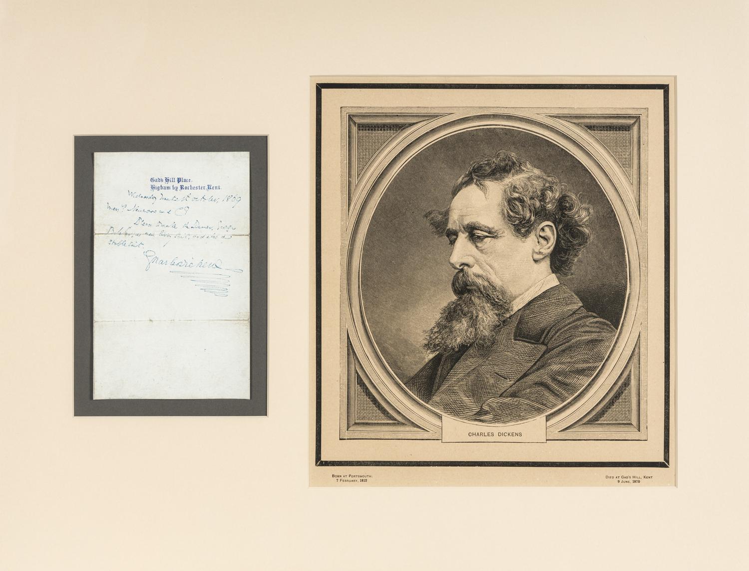 DICKENS, Charles (1812-1870). Autograph note signed (“Charles Dickens”), to Messrs. Newcome & Co., 20 October 1869.