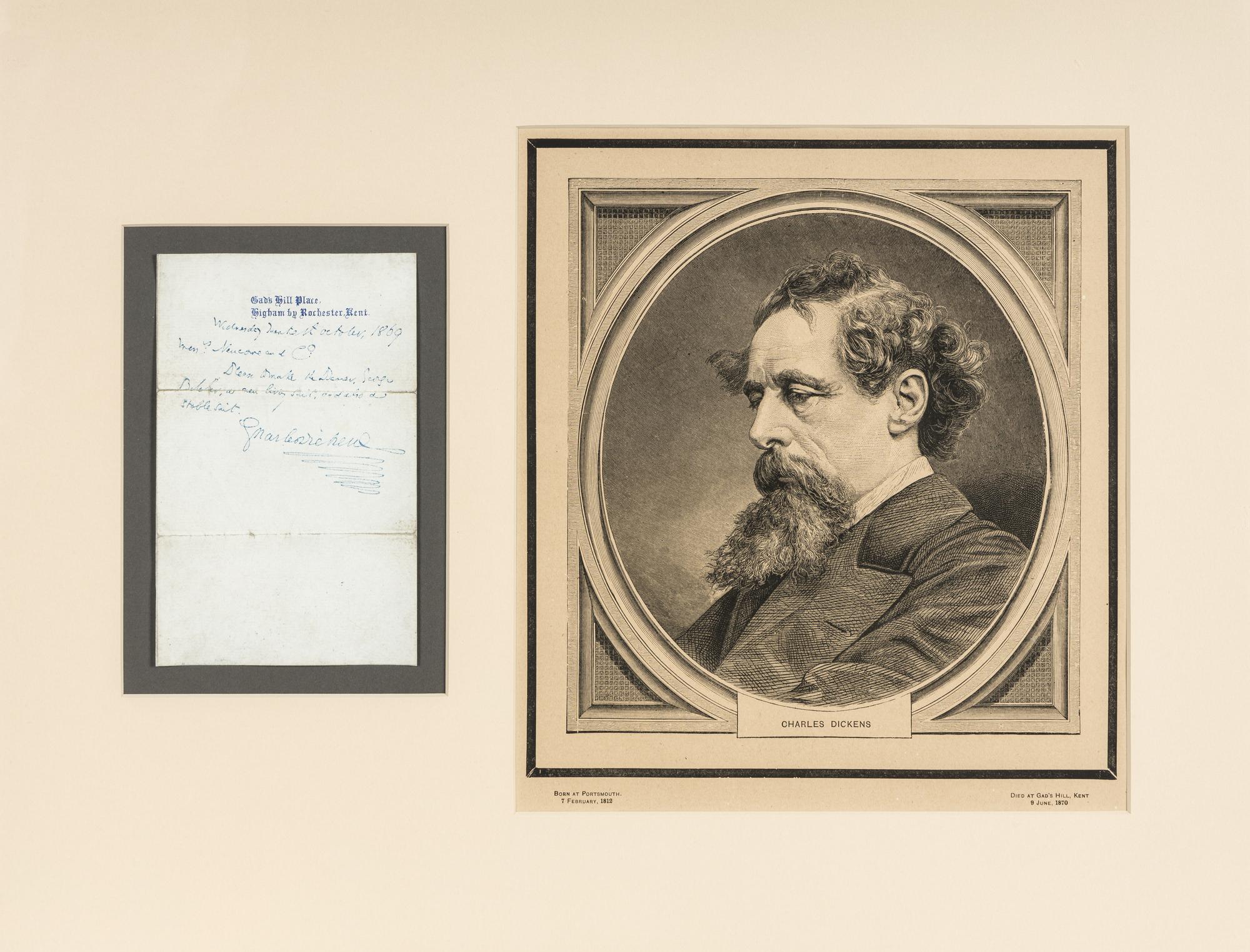 DICKENS, Charles (1812-1870). Autograph note signed (“Charles Dickens”), to Messrs. Newcome & Co., 20 October 1869.
