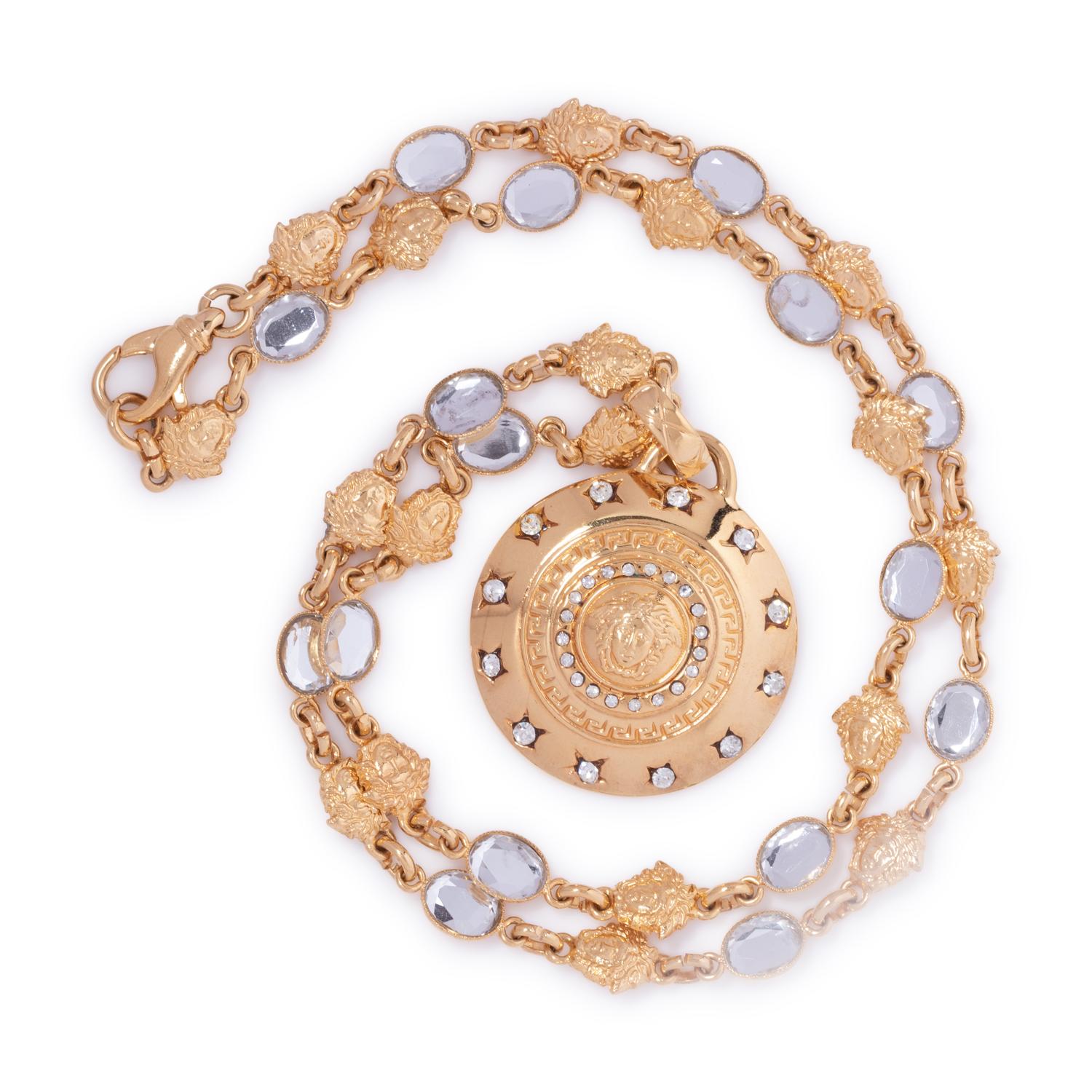 Gianni Versace Medusa Head and Faux Stone Link Necklace with Shield Pendant