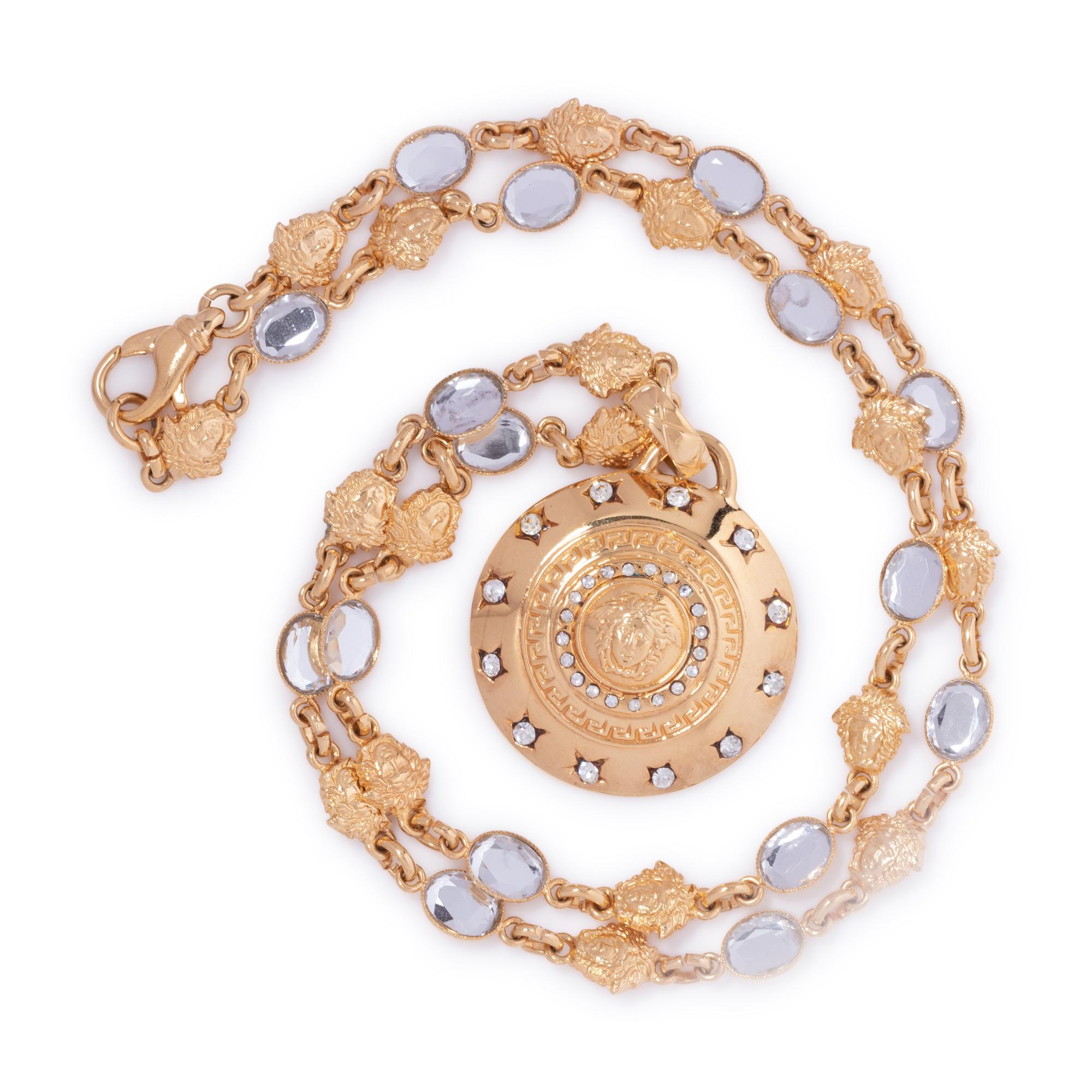 Gianni Versace Medusa Head and Faux Stone Link Necklace with Shield Pendant