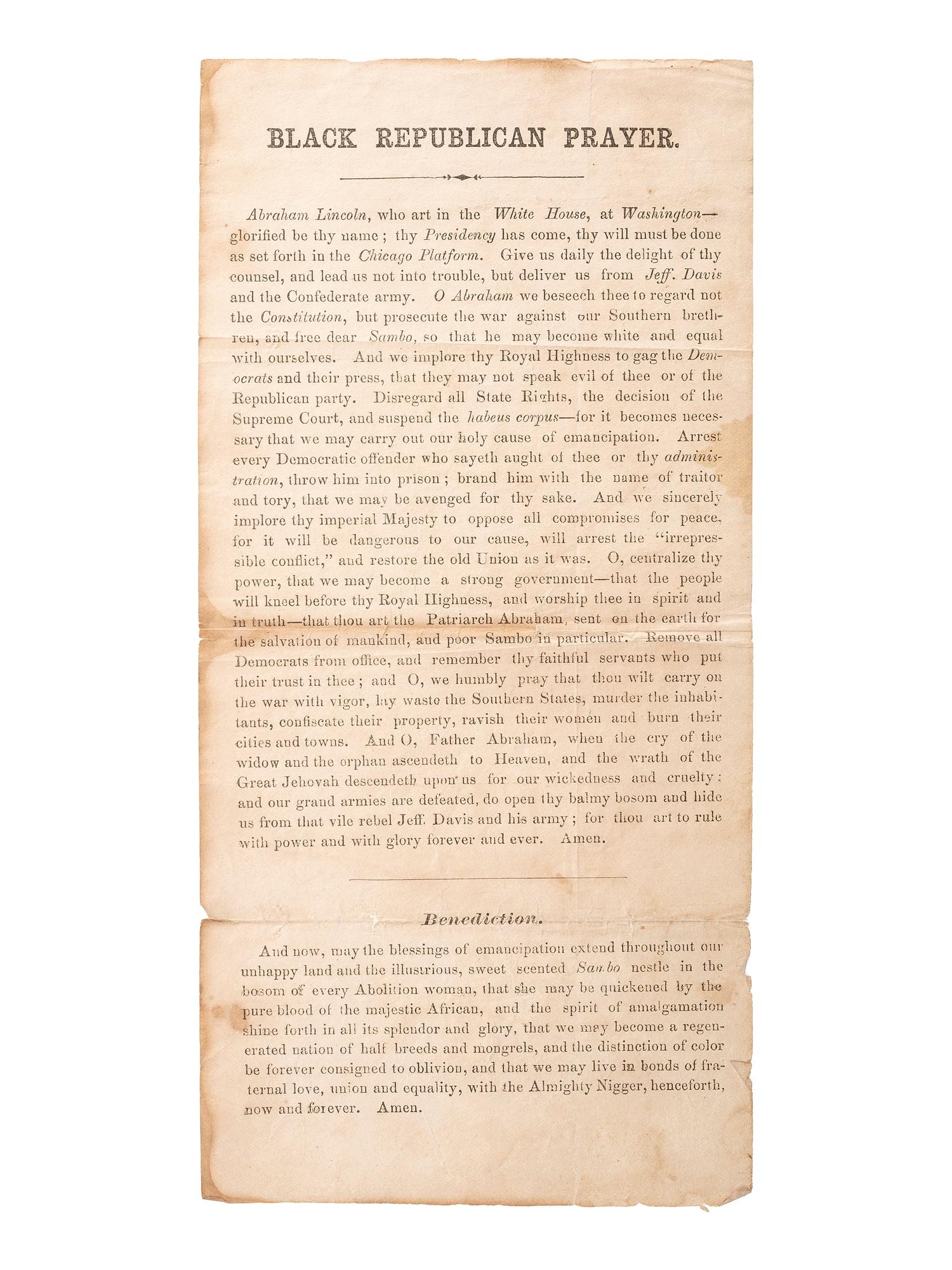 [SLAVERY & ABOLITION]. Black Republican Prayer. [New York?]: N.p., ca 1863.