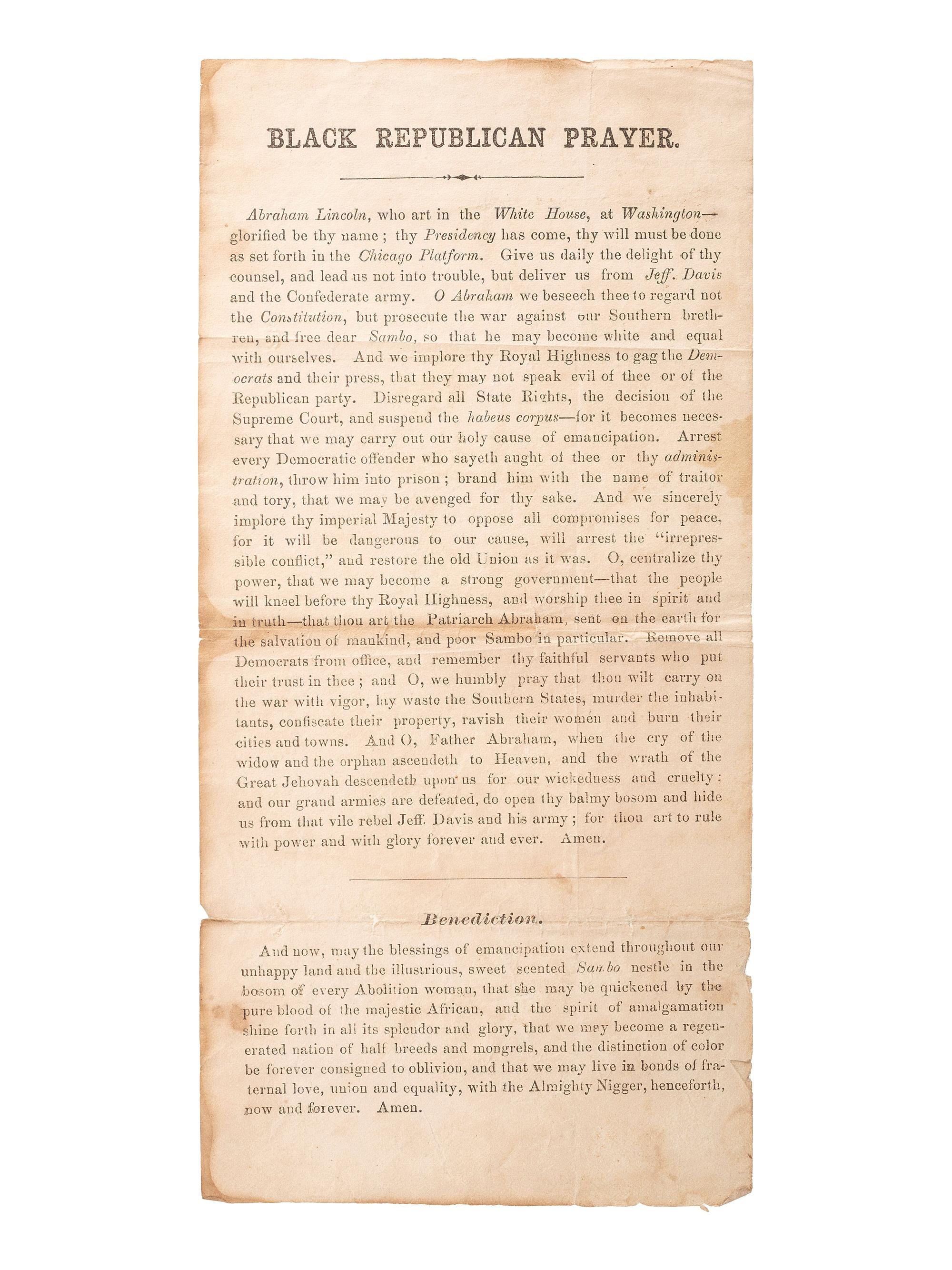[SLAVERY & ABOLITION]. Black Republican Prayer. [New York?]: N.p., ca 1863.
