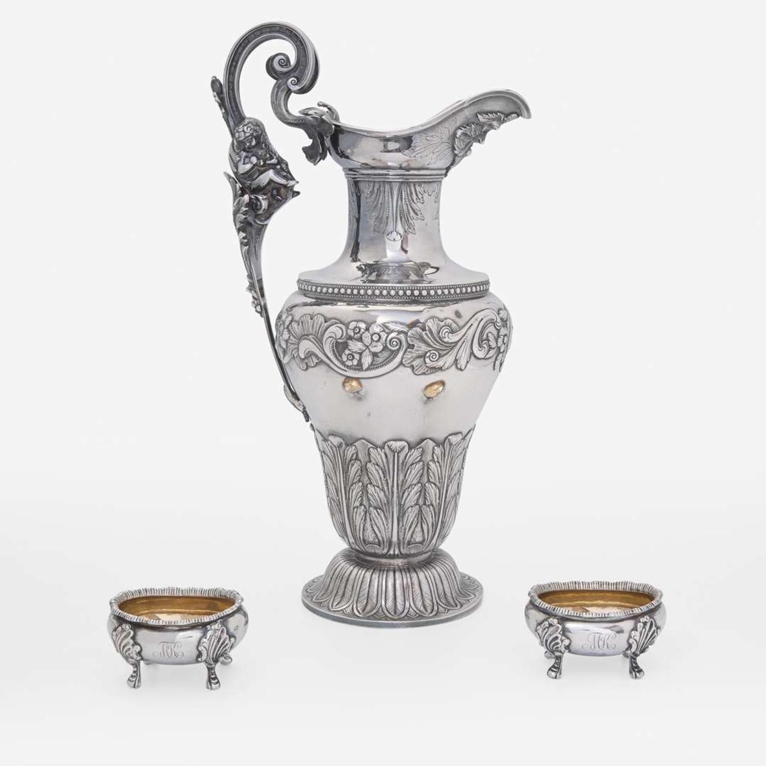 A silver water pitcher and two silver open salt cellars Taylor & Lawrie (active 1837-1862), retailed by Bailey & Kitchen (active 1833-1846), Philadelphia, circa 1840