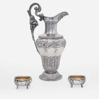 A silver water pitcher and two silver open salt cellars Taylor & Lawrie (active 1837-1862), retailed by Bailey & Kitchen (active 1833-1846), Philadelphia, circa 1840