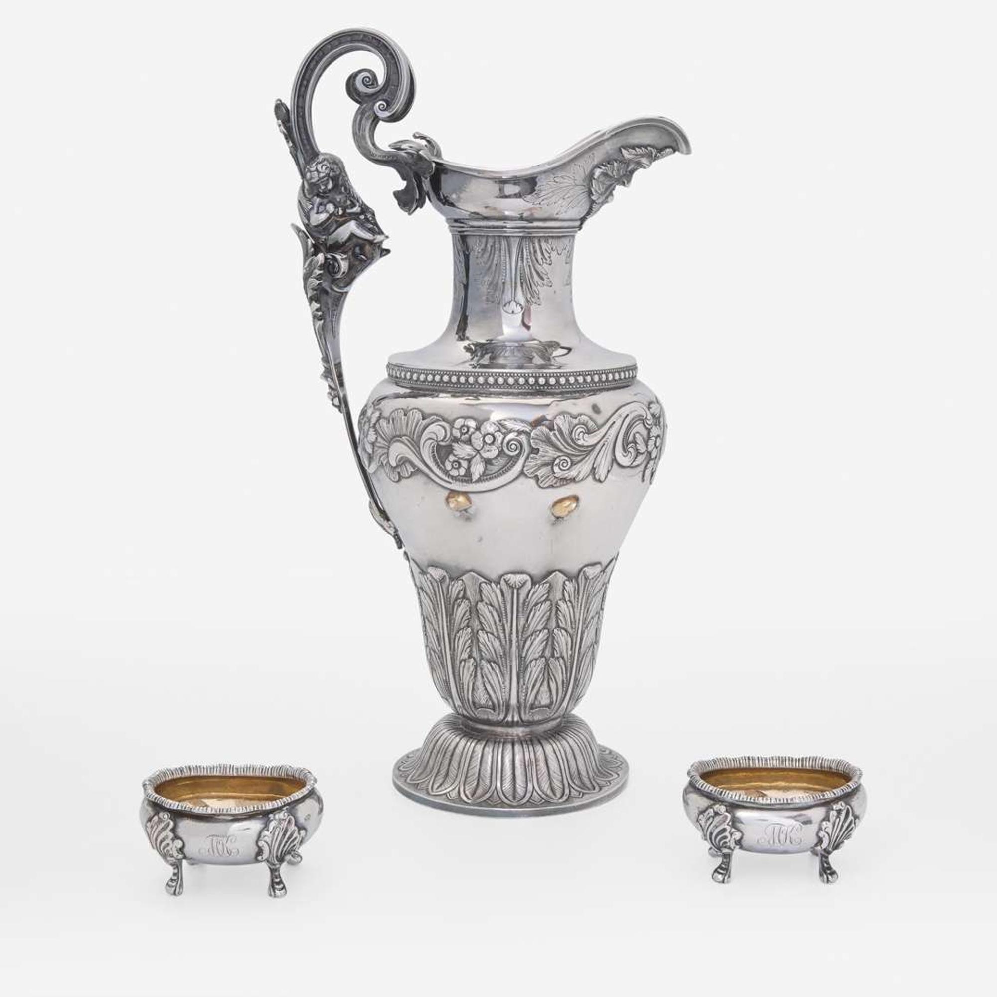 A silver water pitcher and two silver open salt cellars Taylor & Lawrie (active 1837-1862), retailed by Bailey & Kitchen (active 1833-1846), Philadelphia, circa 1840