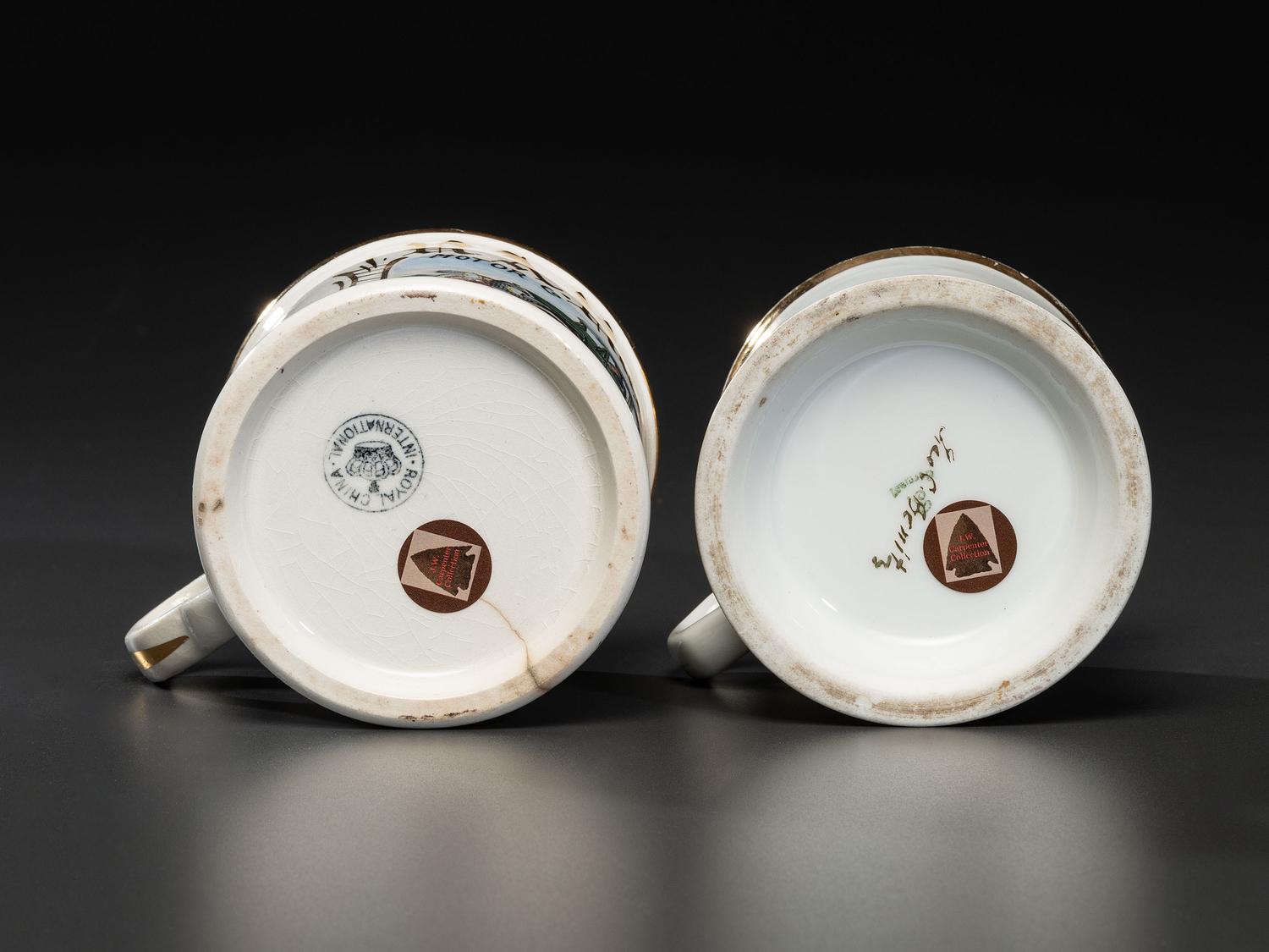 Two Shaving Mugs Depicting an Open Touring Automobile and a Coupe