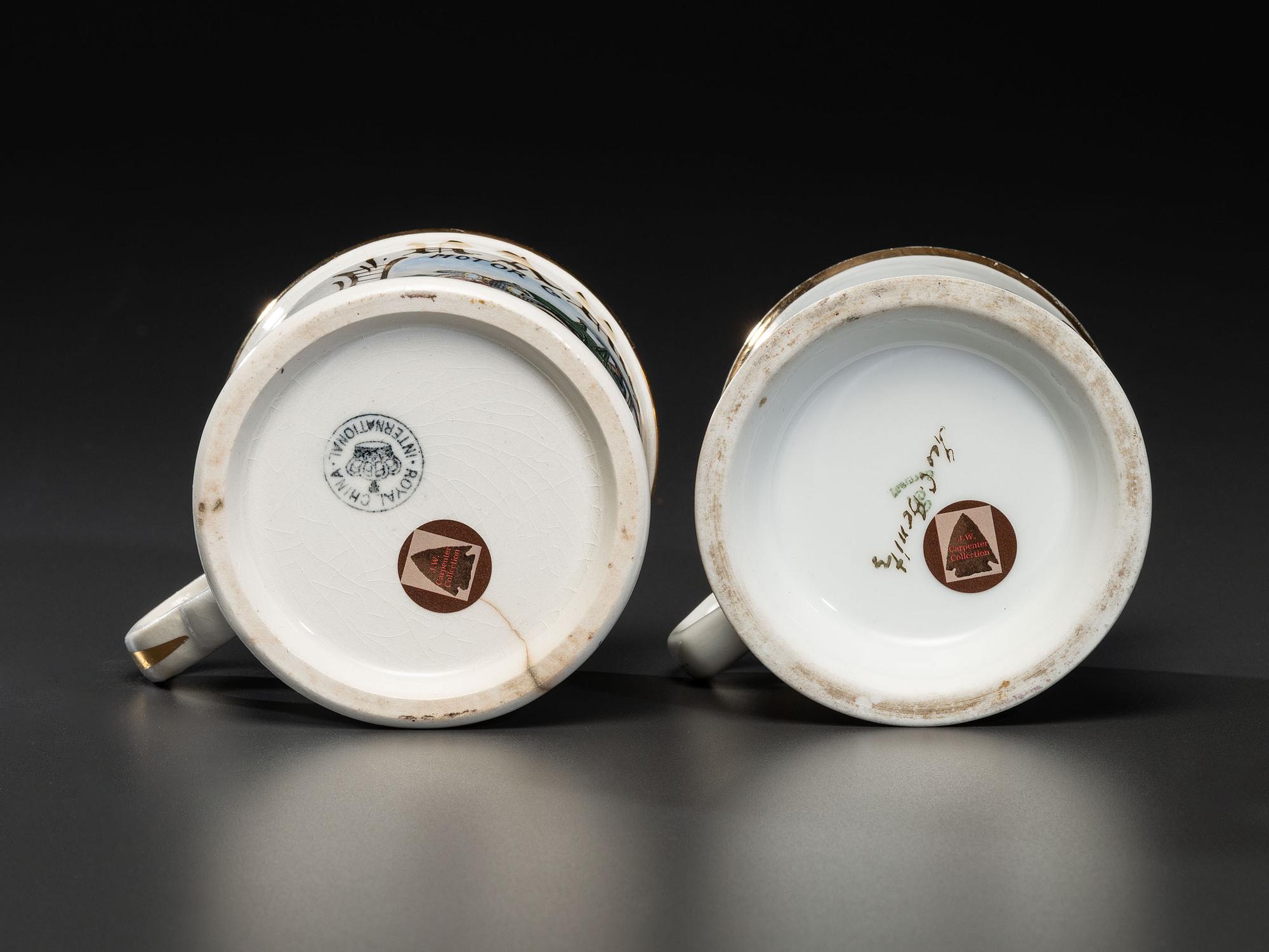 Two Shaving Mugs Depicting an Open Touring Automobile and a Coupe