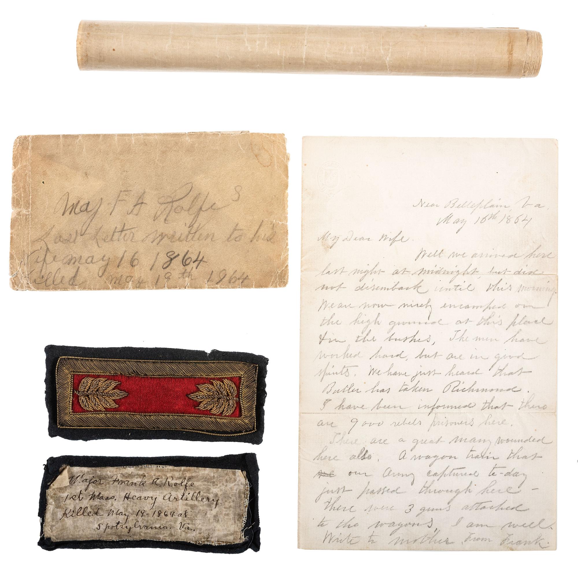 Major Frank Rolfe, 1st Massachusetts Heavy Artillery, KIA Battle of Harris Farm. Shoulder straps and ephemera.