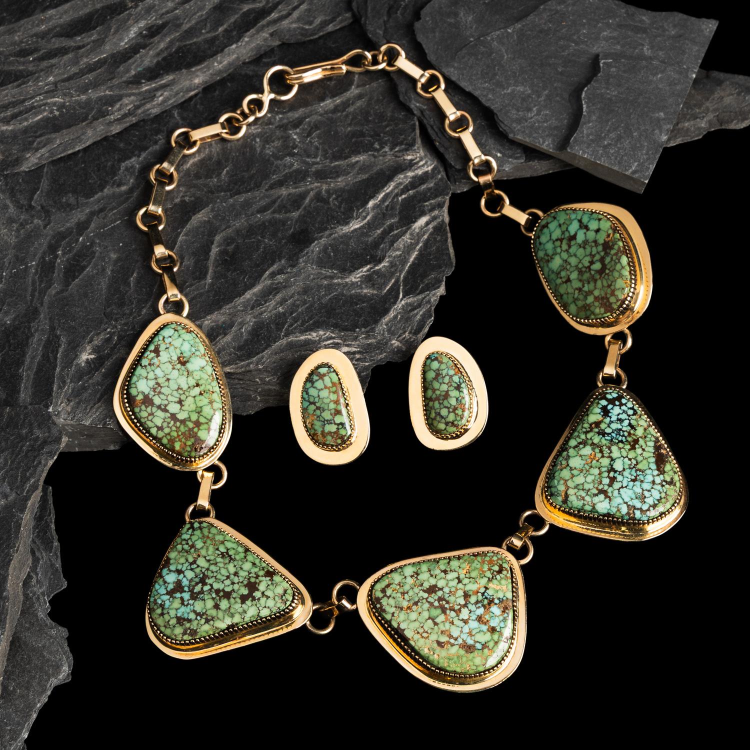 Tommy Jackson (Diné, b. 1958) — 14K Gold and Gem Grade Turquoise Necklace and Matching Clip Earrings