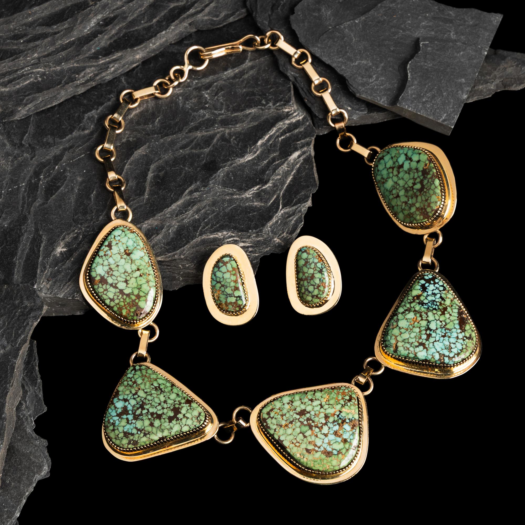 Tommy Jackson (Diné, b. 1958) — 14K Gold and Gem Grade Turquoise Necklace and Matching Clip Earrings