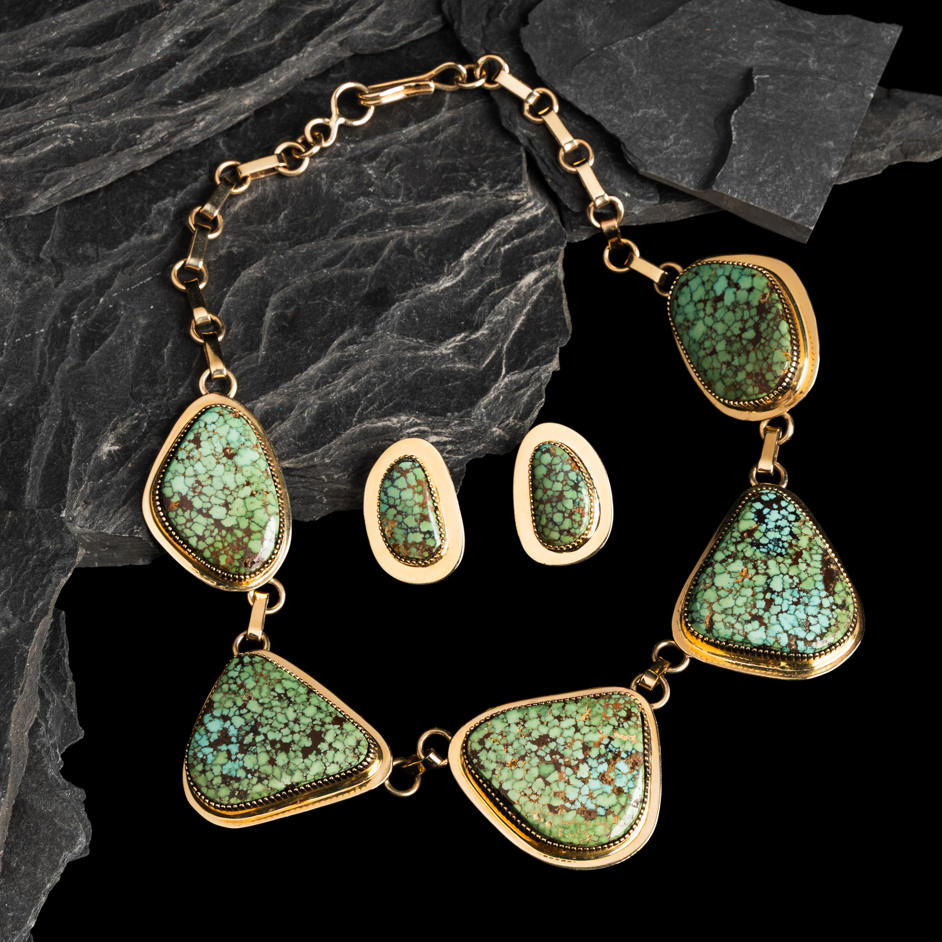Tommy Jackson (Diné, b. 1958) — 14K Gold and Gem Grade Turquoise Necklace and Matching Clip Earrings