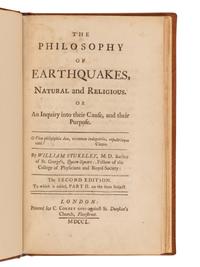 [NATURAL HISTORY]. STUKELEY, William. The Philosophy of Earthquakes, Natural and Religious. Or An Inquiry Into Their Cause, and Their Purpose . London: Printed for C. Corbet, 1750.