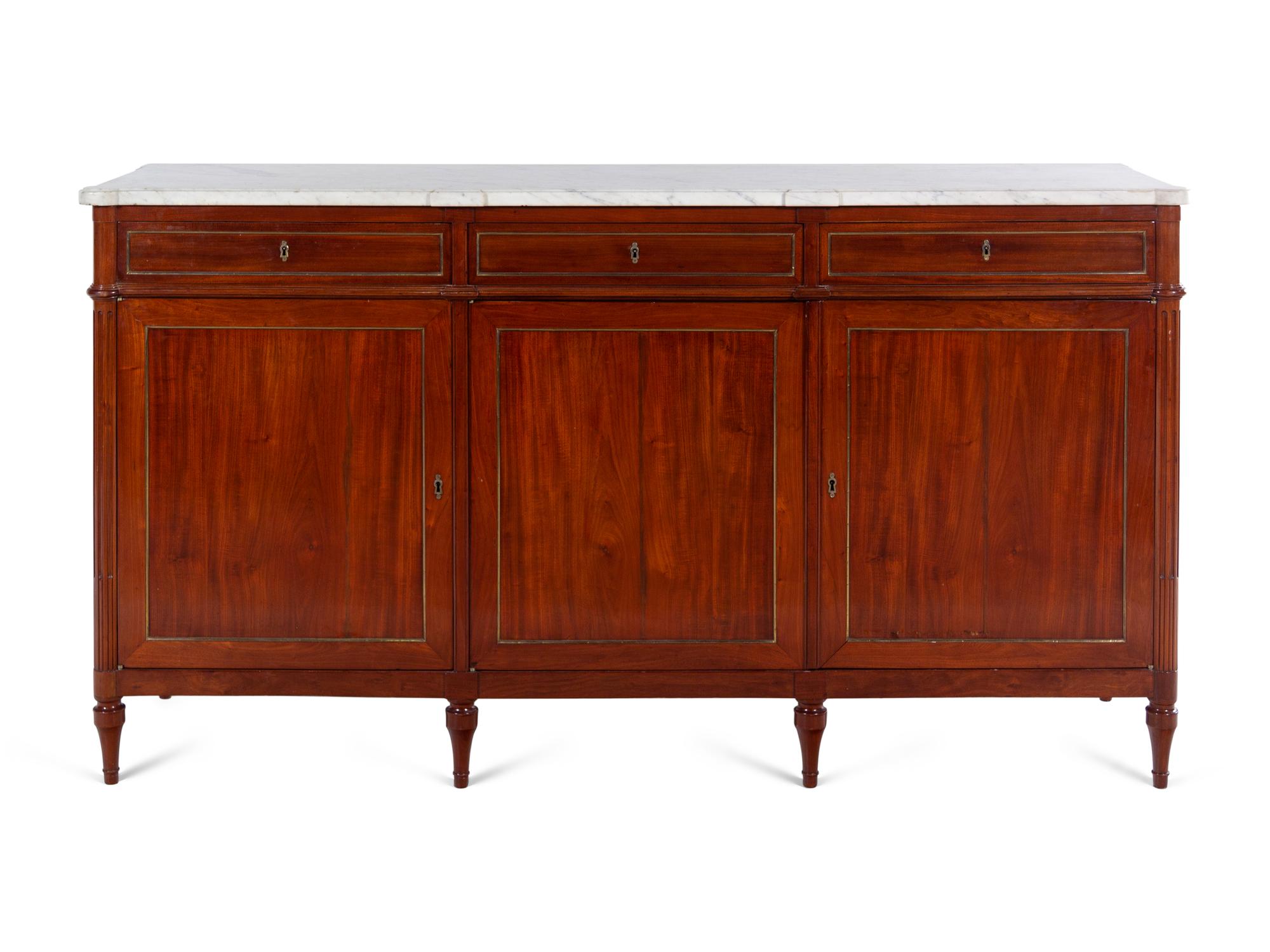 A Louis Philippe Brass Inlaid Mahogany Marble-Top Serving Cabinet