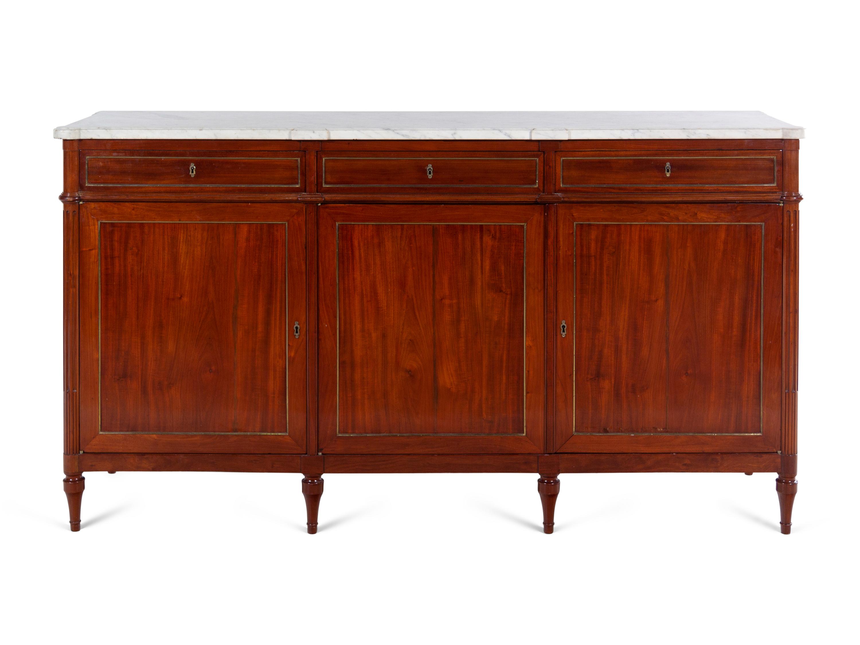 A Louis Philippe Brass Inlaid Mahogany Marble-Top Serving Cabinet