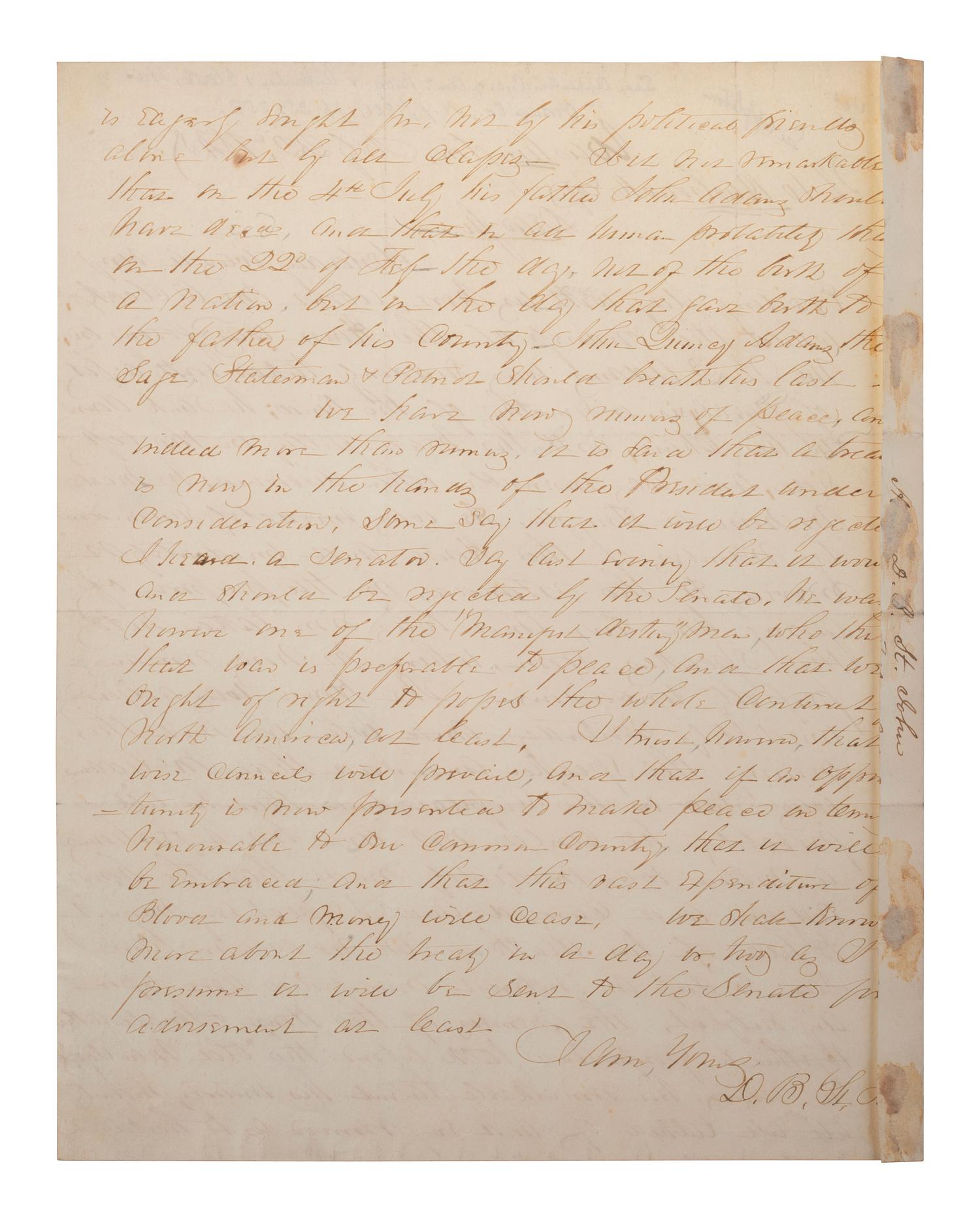 [POLITICS]. St. JOHN, D. B. Autograph letter signed ("D. B. St. John"), to Jonathan W. Hasbrouck. Washington, D.C., 22 February 1848.