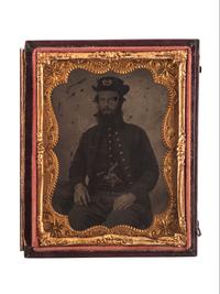 [CIVIL WAR]. Two photographs of Federal soldiers, incl. quarter plate ruby ambrotype of a double-armed soldier and tintype of Union pards.