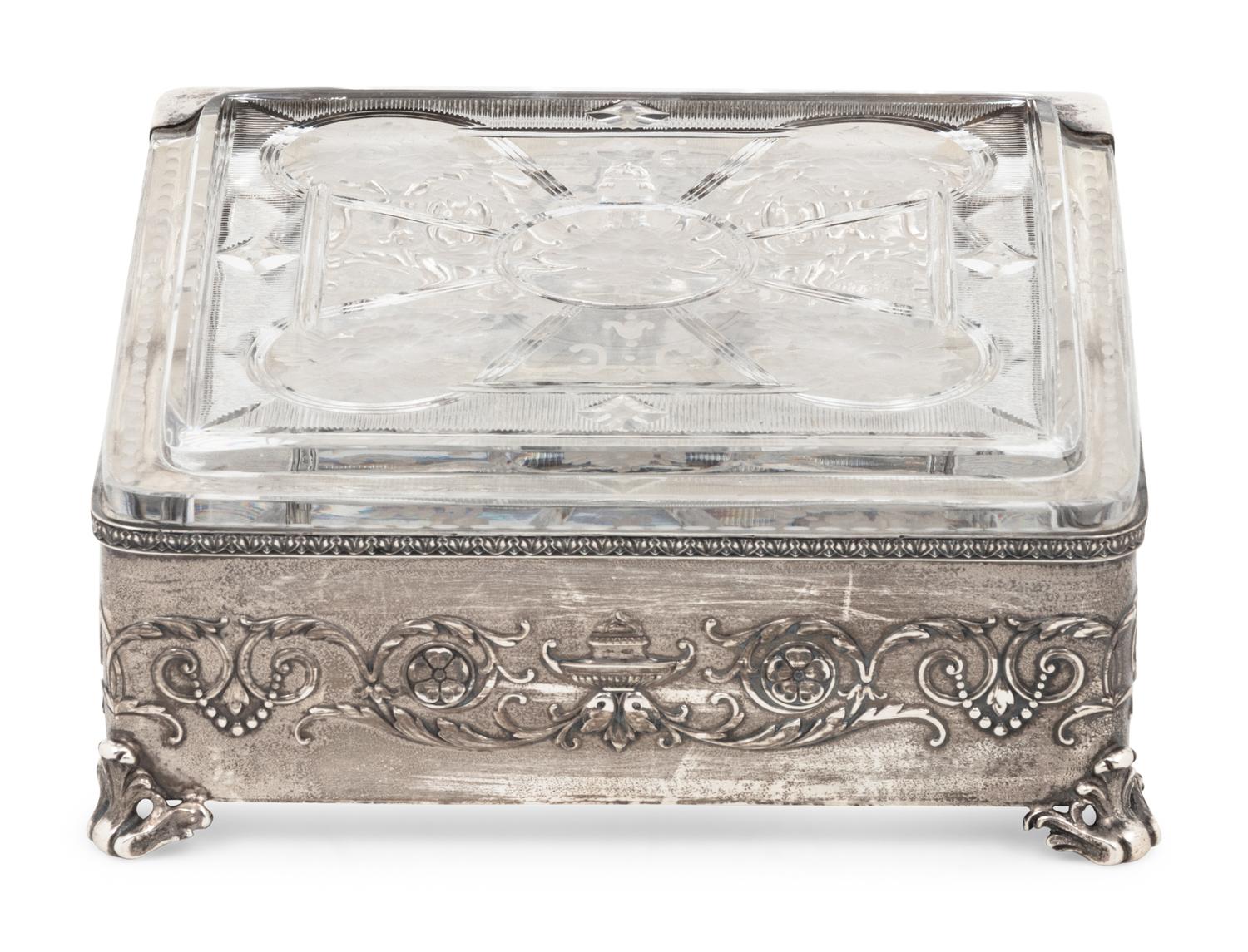An American Silver Mounted Etched Glass Box