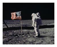 [NASA]. Photograph of Buzz Aldrin facing American flag on the moon, signed by crew members. 1969.