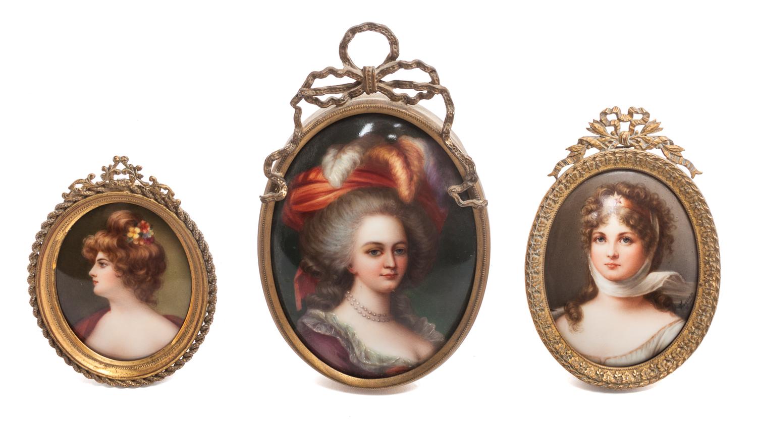 Three Continental Porcelain Plaques Height of tallest overall 6 1/4 inches.