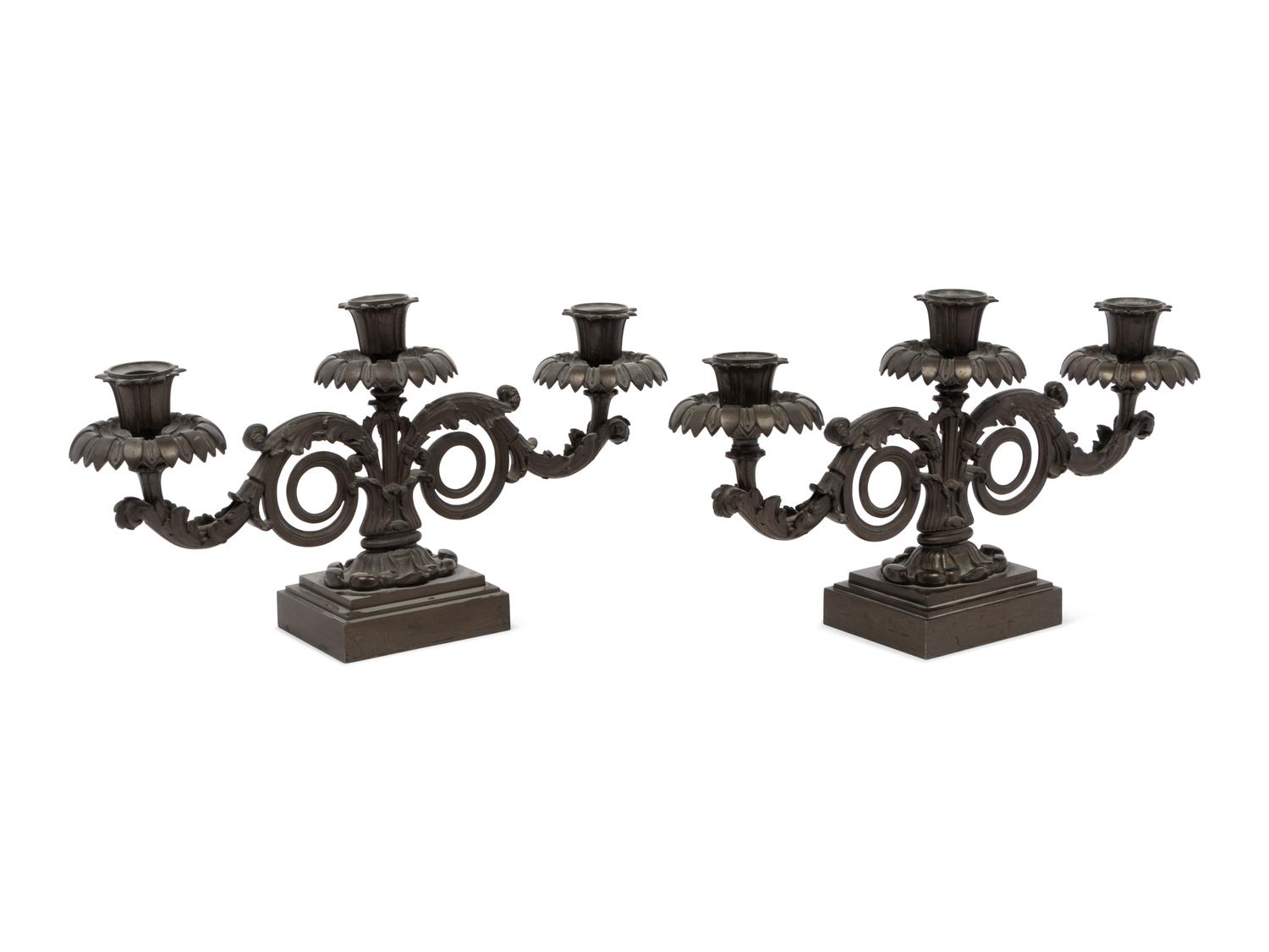 A Pair of Regency Bronze Three-Light Candelabra