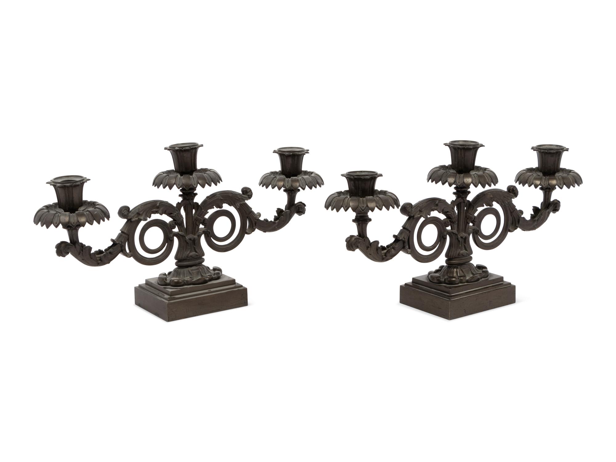 A Pair of Regency Bronze Three-Light Candelabra