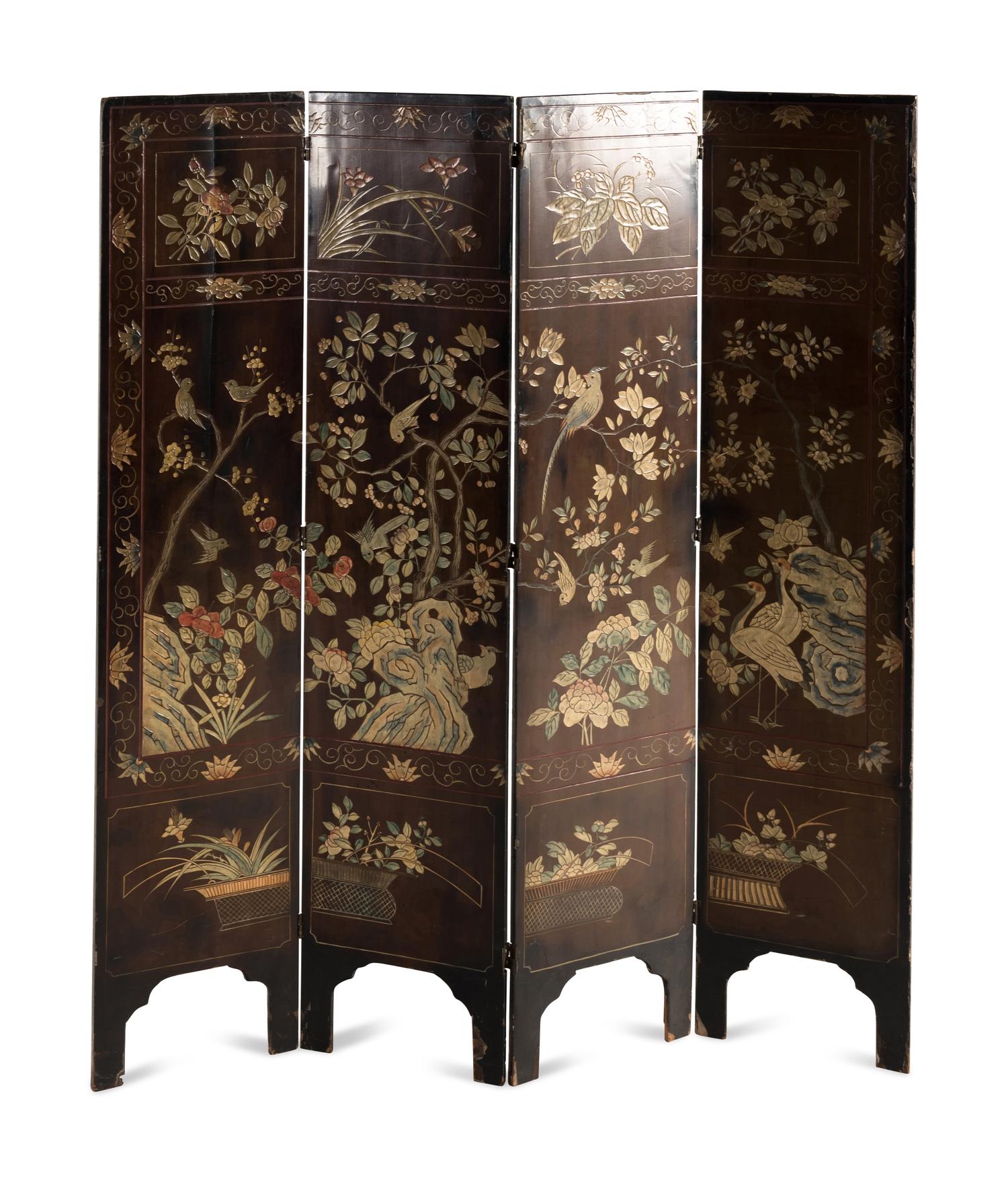 A Chinese Export Lacquer Four-Panel Floor Screen