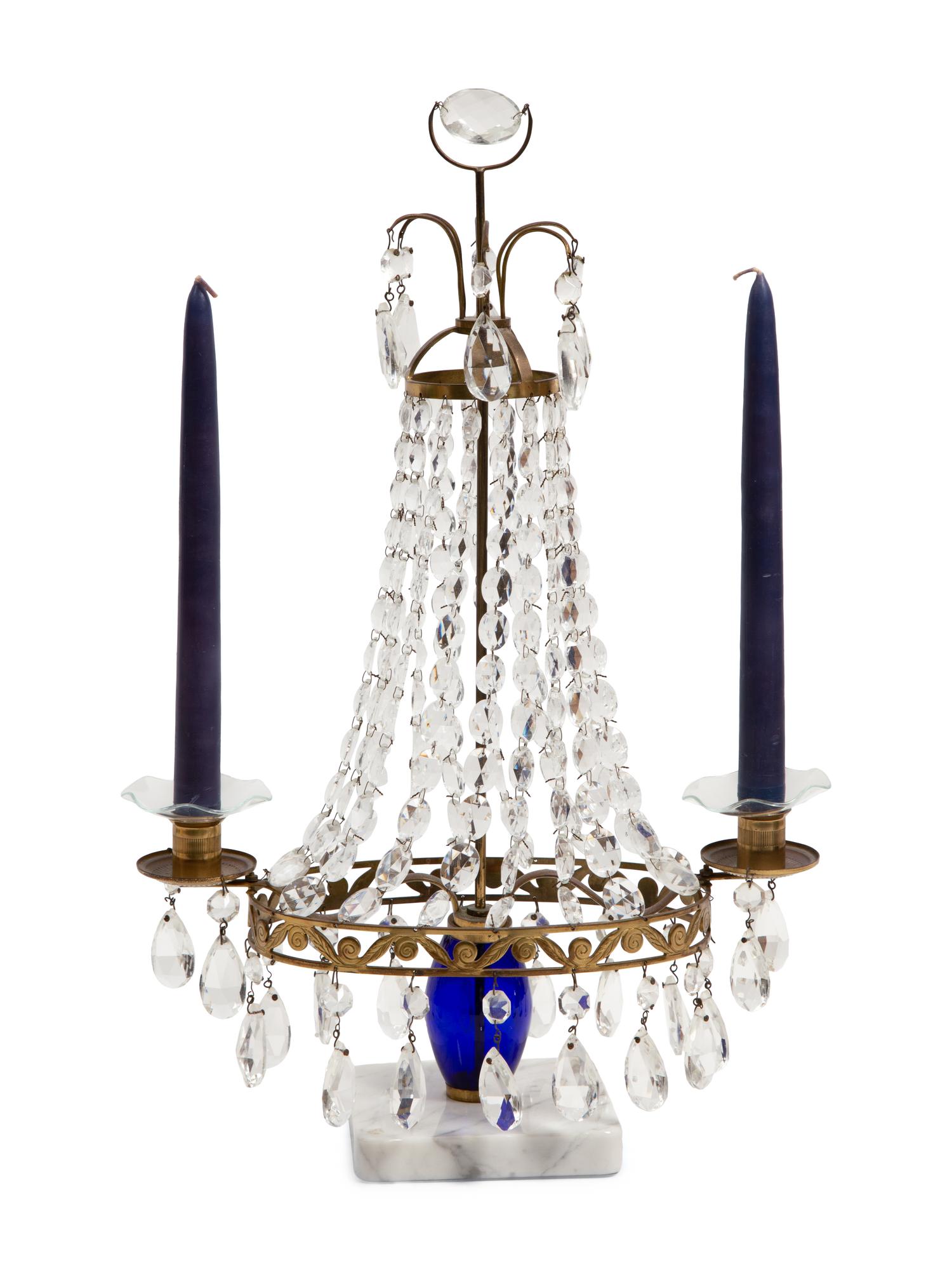 A Swedish Neoclassical Gilt Bronze Mounted Cut Glass Two-Light Candelabrum
