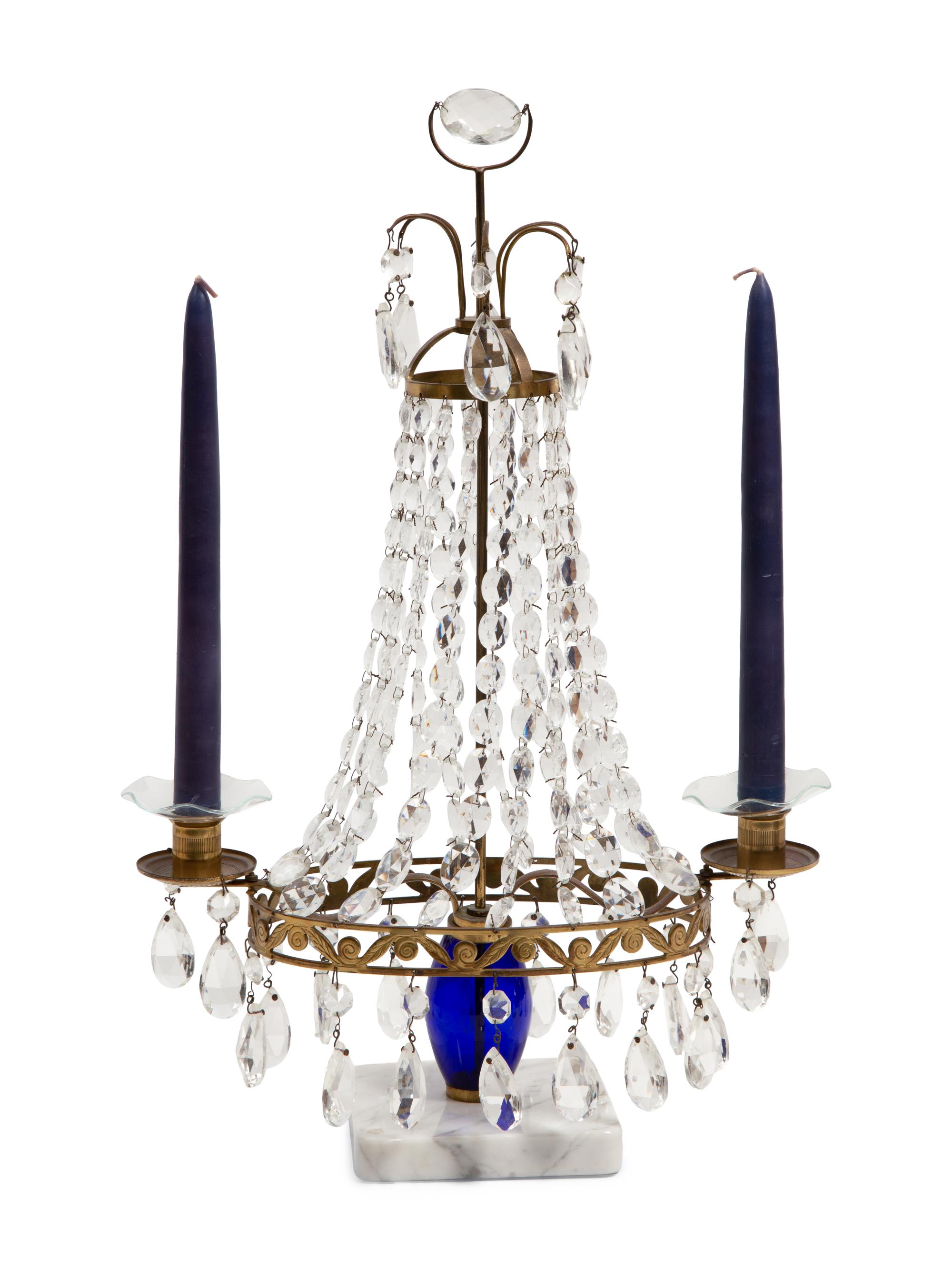 A Swedish Neoclassical Gilt Bronze Mounted Cut Glass Two-Light Candelabrum