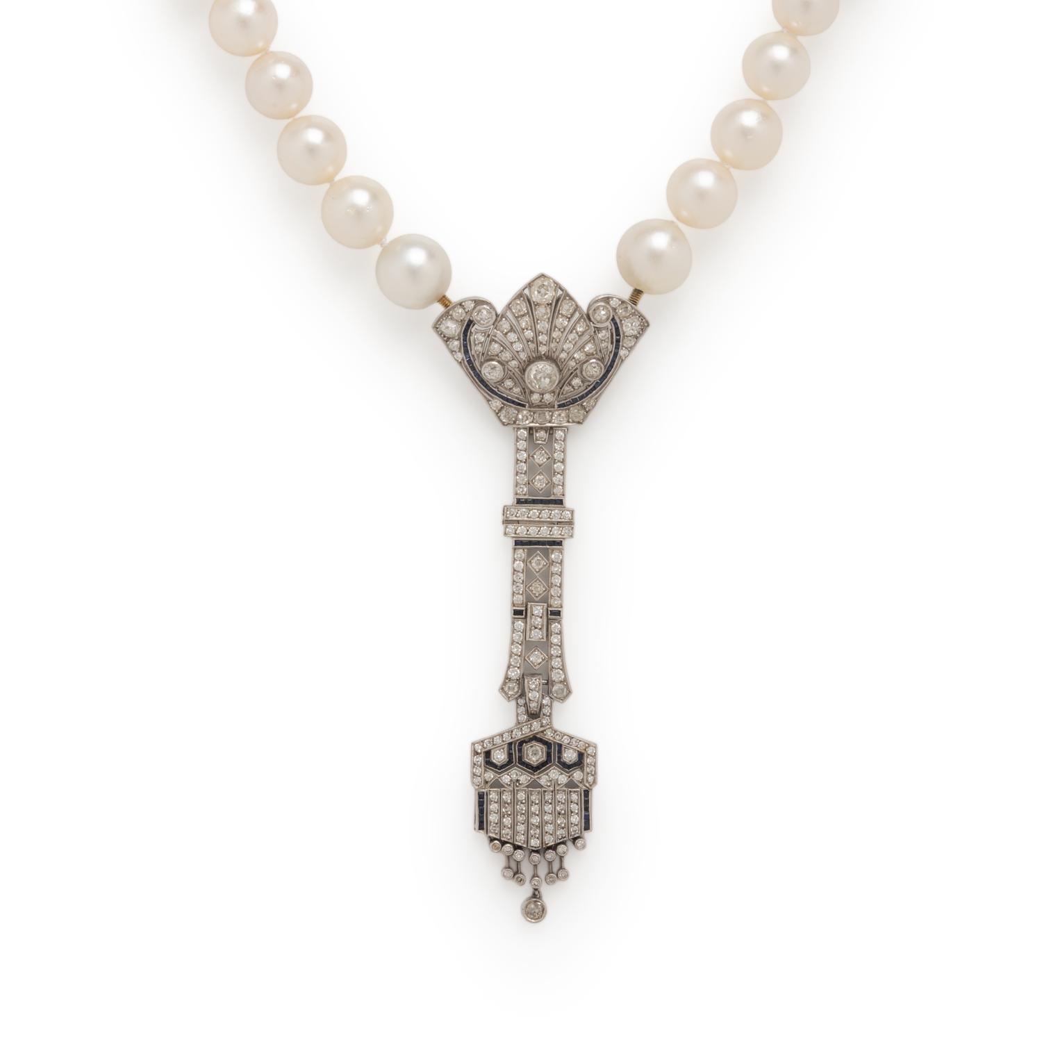 Cultured Pearl, Diamond, and Platinum Necklace